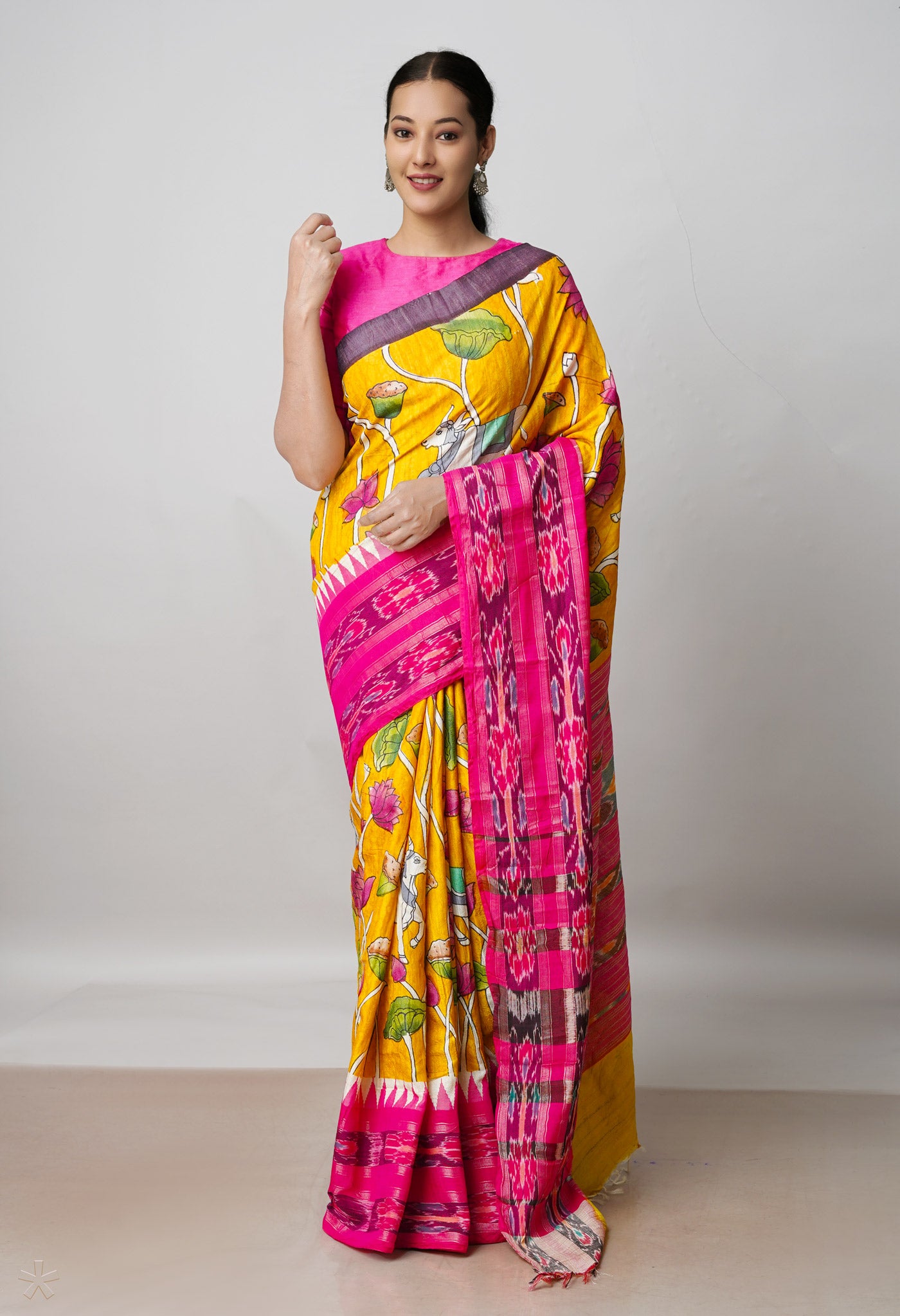 Handloom Jute Silk Saree Digital Print Saree newest With Kalamkari Print In Full Saree With Fancy Tassels in Pallu With Running Blouse