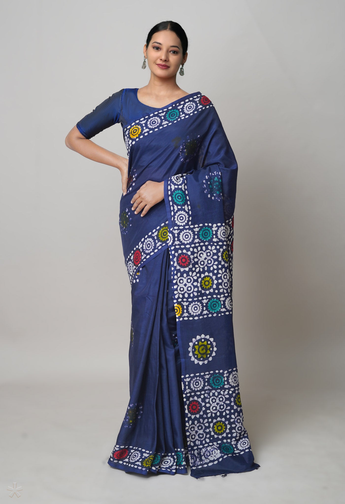 Buy Navy Blue Pure Hand Block Wax Batik Printed Soft Silk Saree-UNM74182  Online at