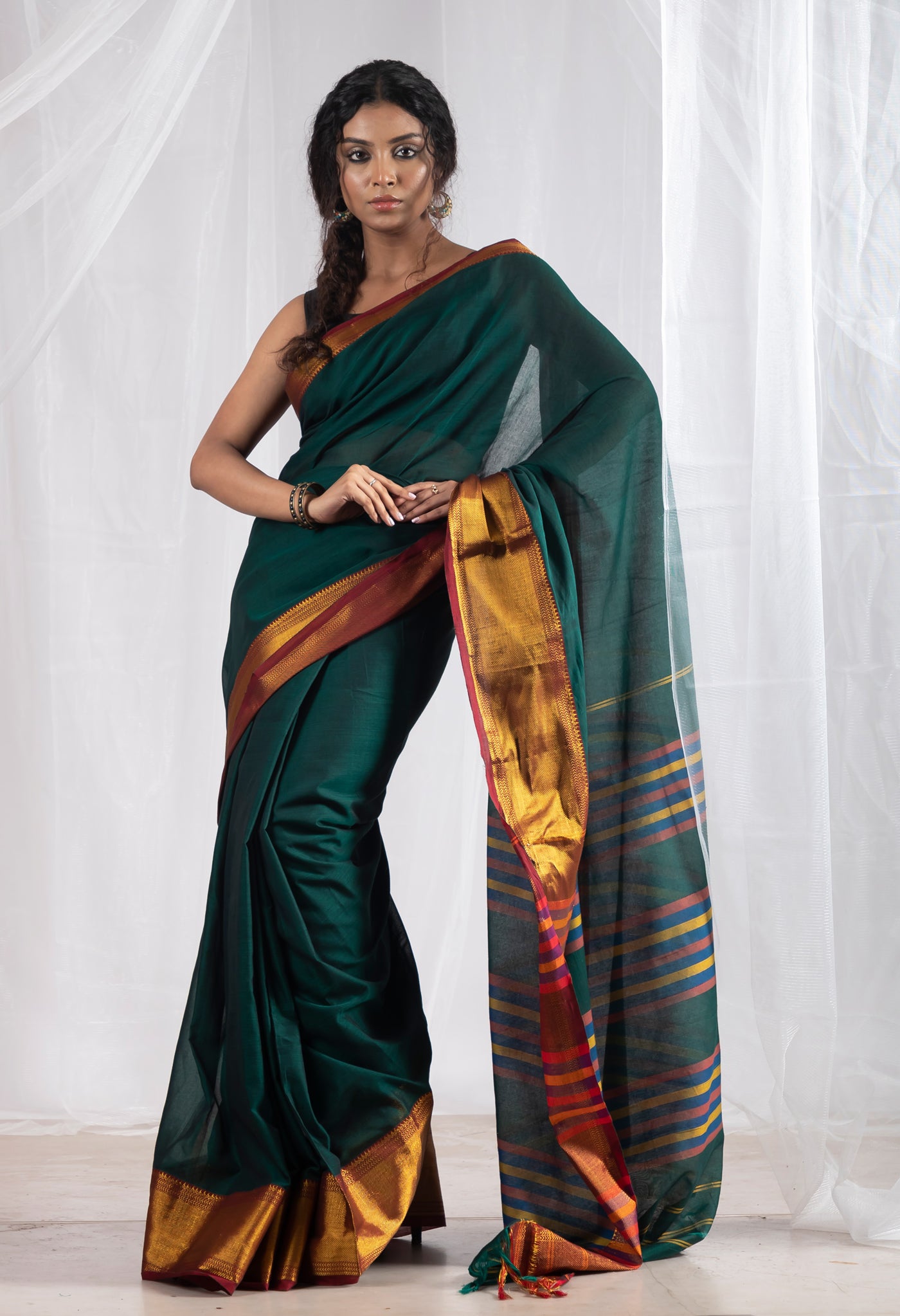 Narayan Pet Green Saree with Red Border