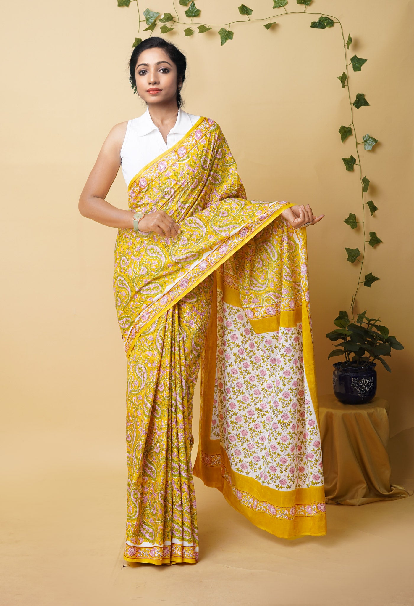 Buy Yellow Pure Rapid Printed Superfine Mulmul Cotton Saree-UNM77043 Online  at