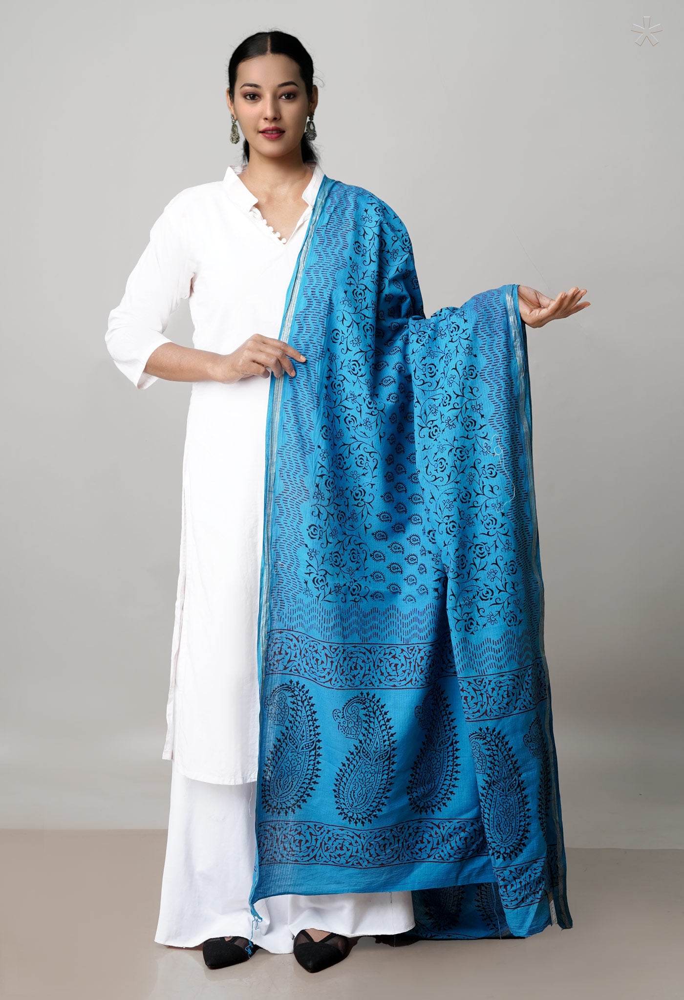 Blue Pure Cotton Bagh Printed Zari Piping Dupatta –UDS5064