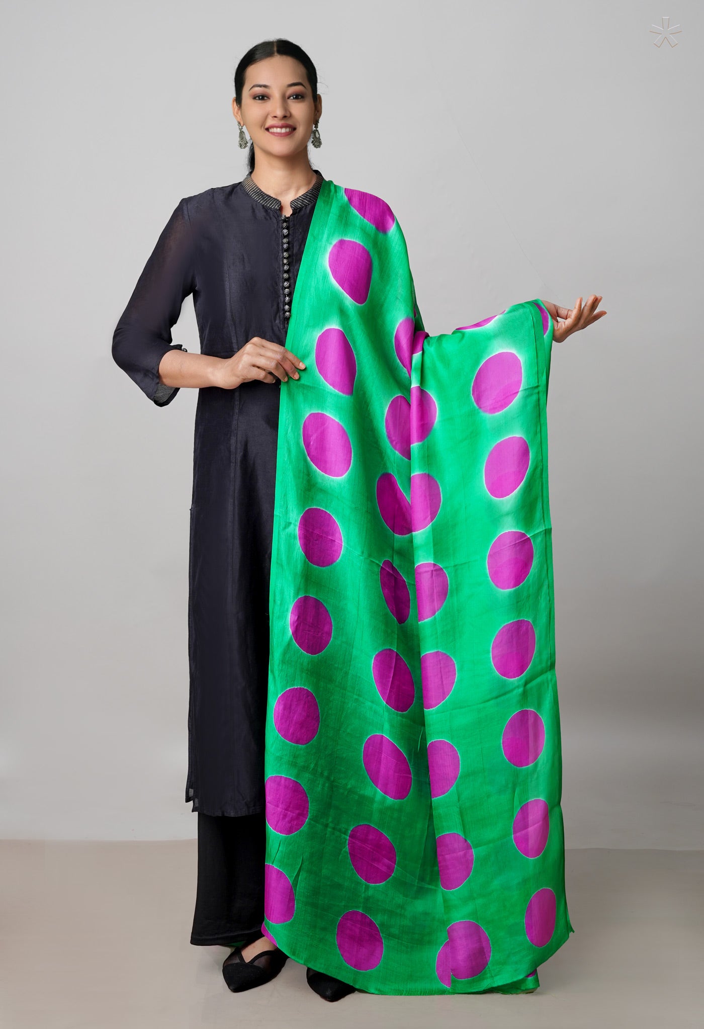 Green Pure Handloom Clamp Dyeing Mysore Silk Dupatta–UDS5105