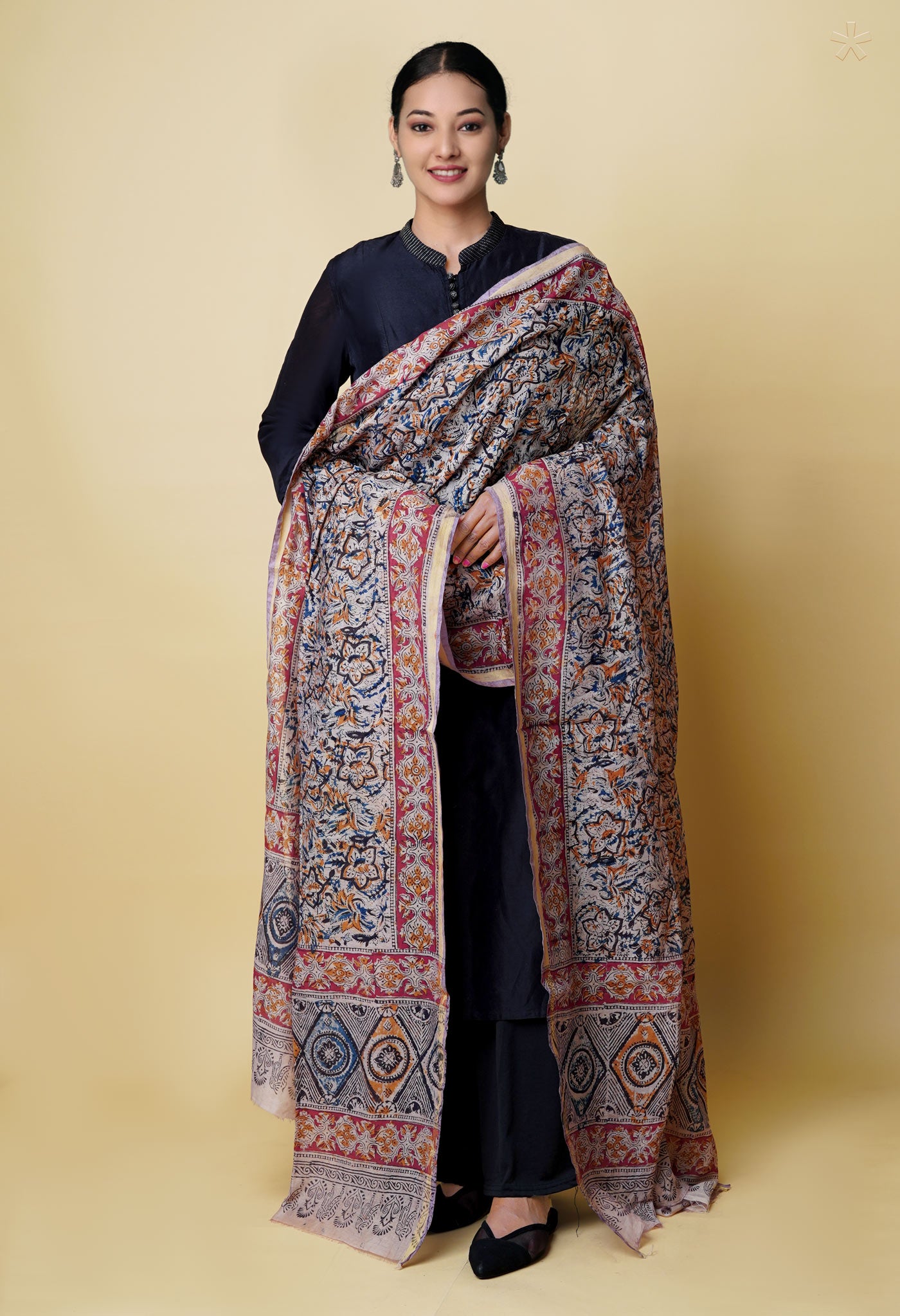 Multi Pure Chanderi Hand Block Printed Kalamkari Dupatta–UDS5177