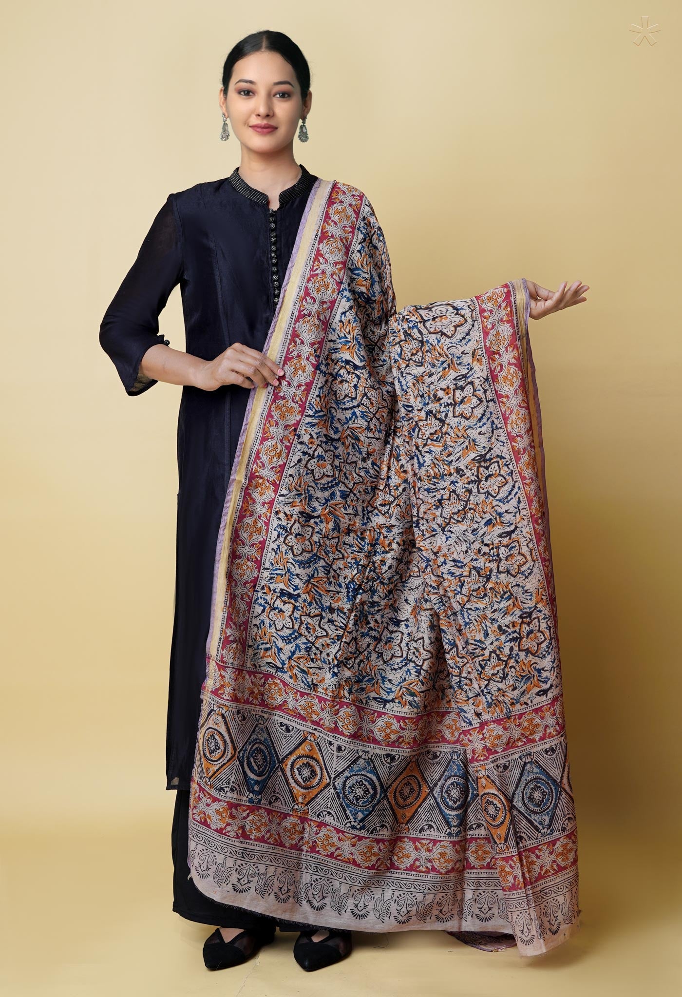 Multi Pure Chanderi Hand Block Printed Kalamkari Dupatta–UDS5177