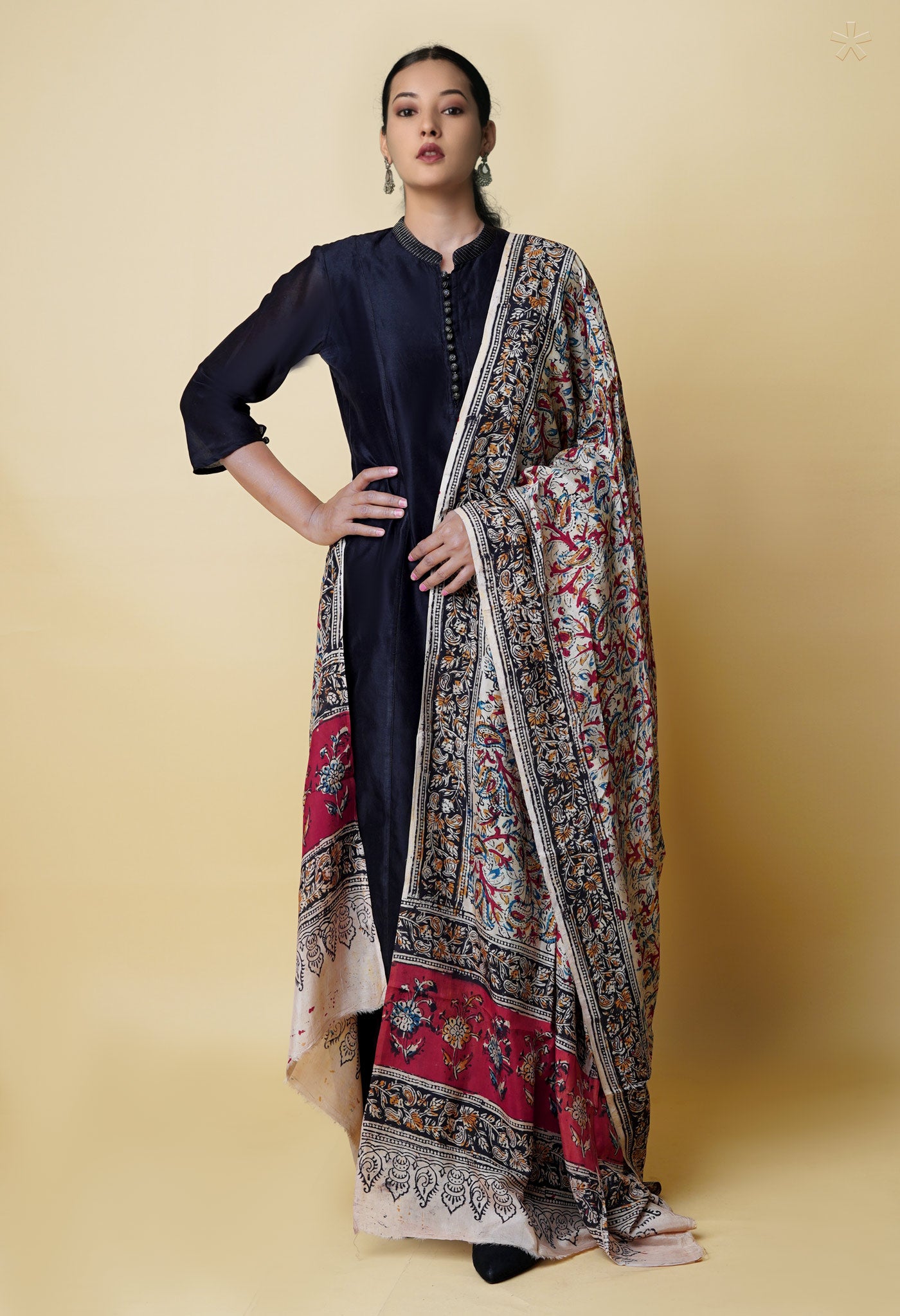 Multi Pure Chanderi Hand Block Printed Kalamkari Dupatta–UDS5197