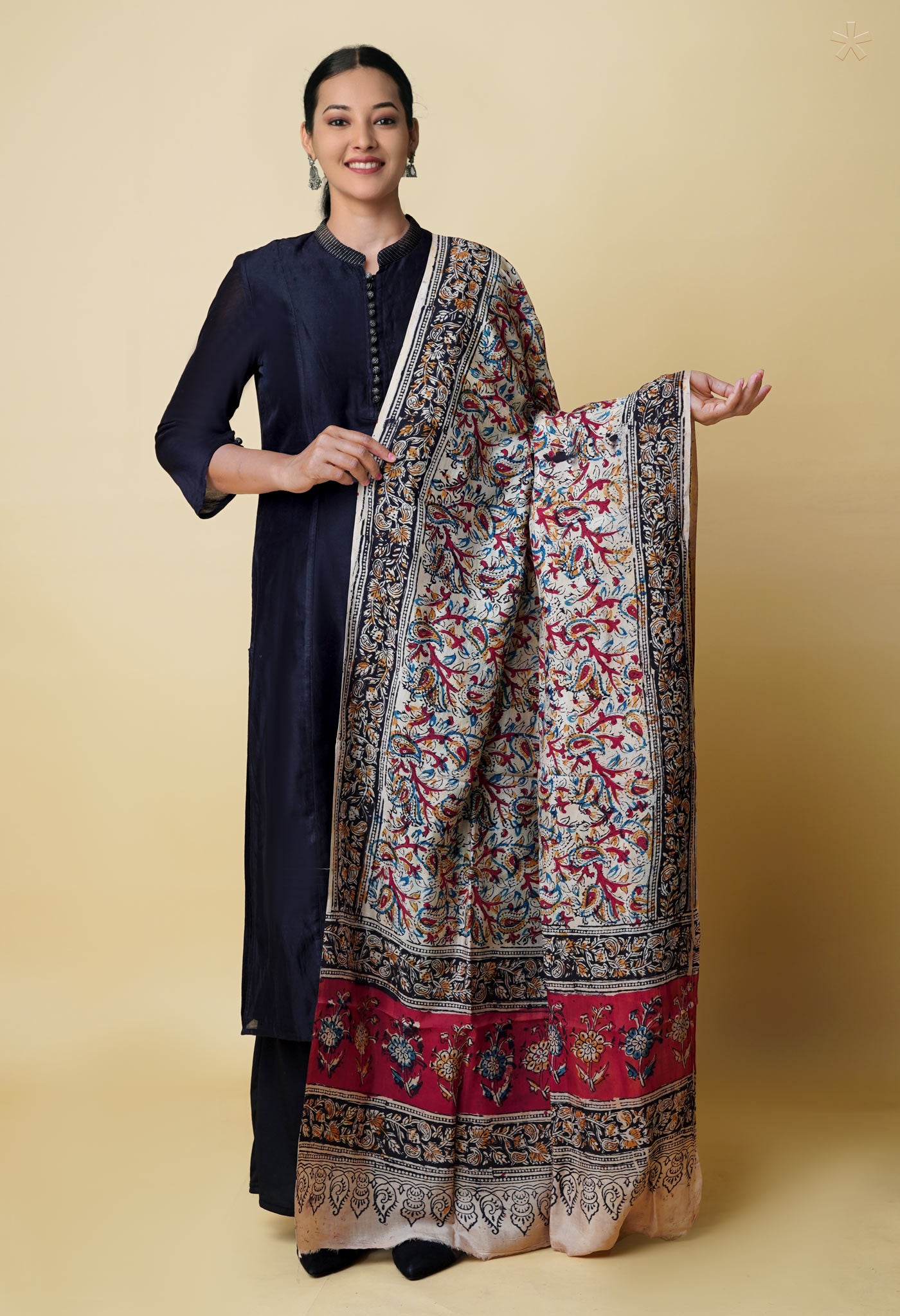 Multi Pure Chanderi Hand Block Printed Kalamkari Dupatta–UDS5197