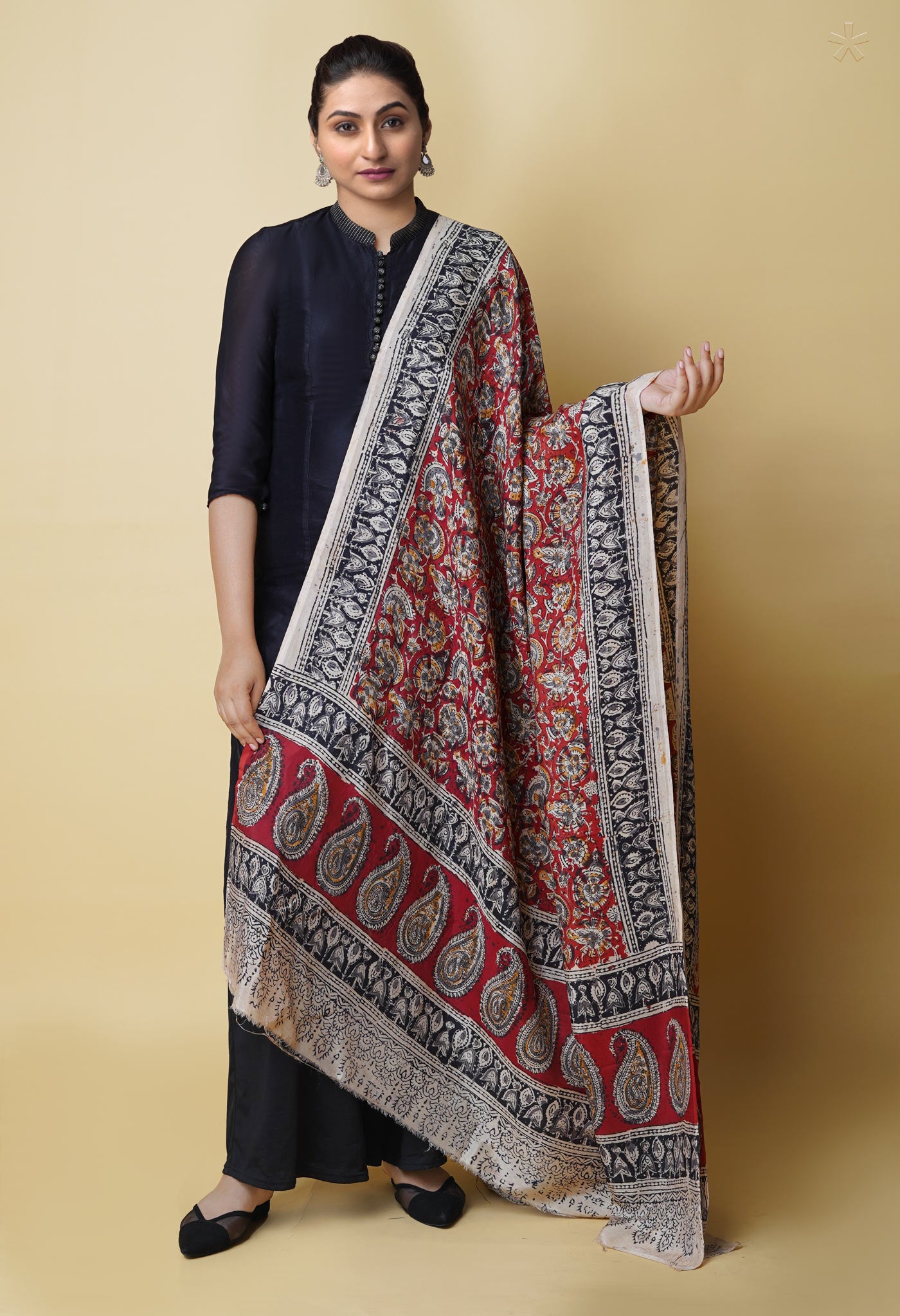 Multi Pure Chanderi Hand Block Printed Kalamkari Dupatta–UDS5198