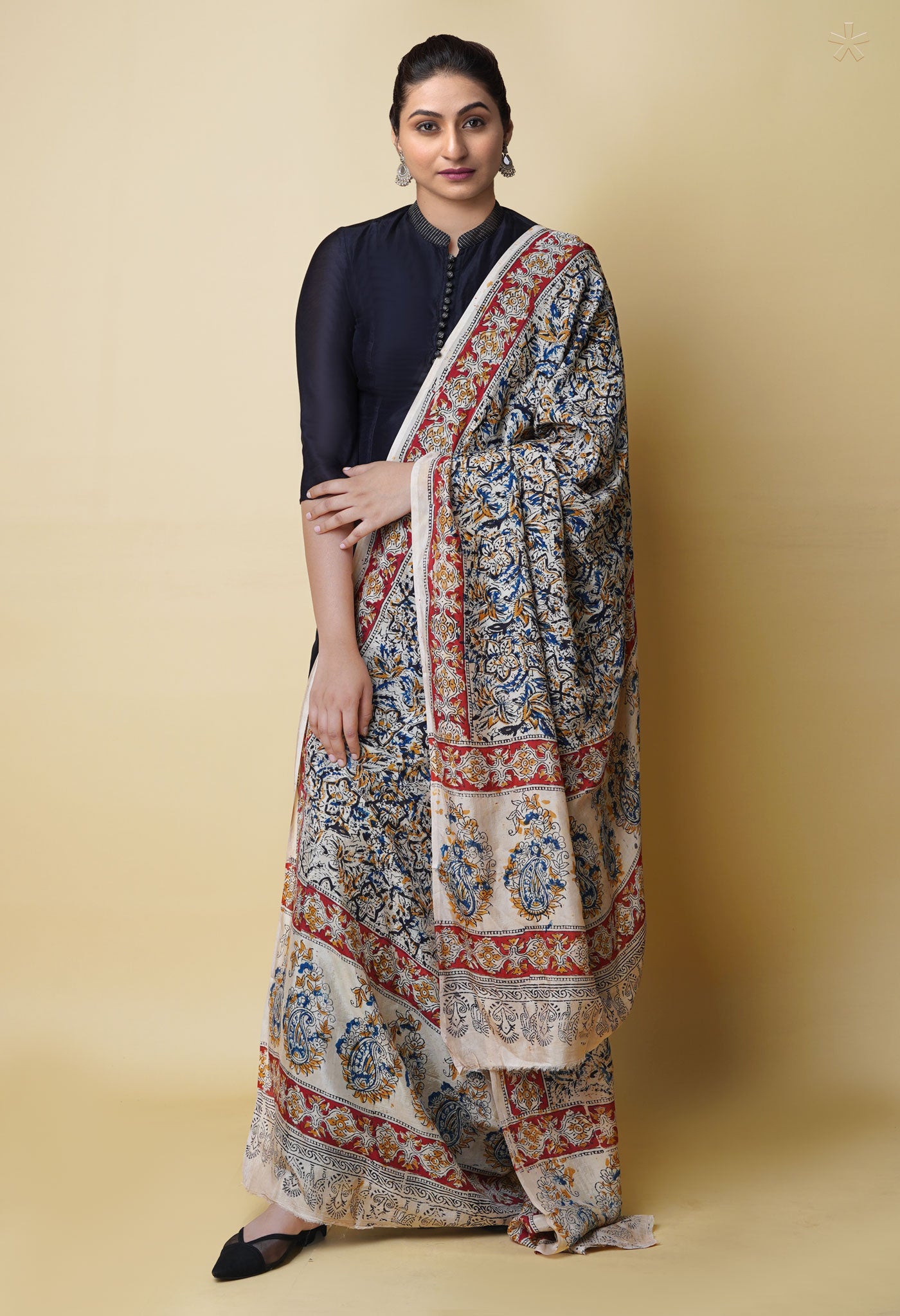 Multi Pure Chanderi Hand Block Printed Kalamkari Dupatta–UDS5212