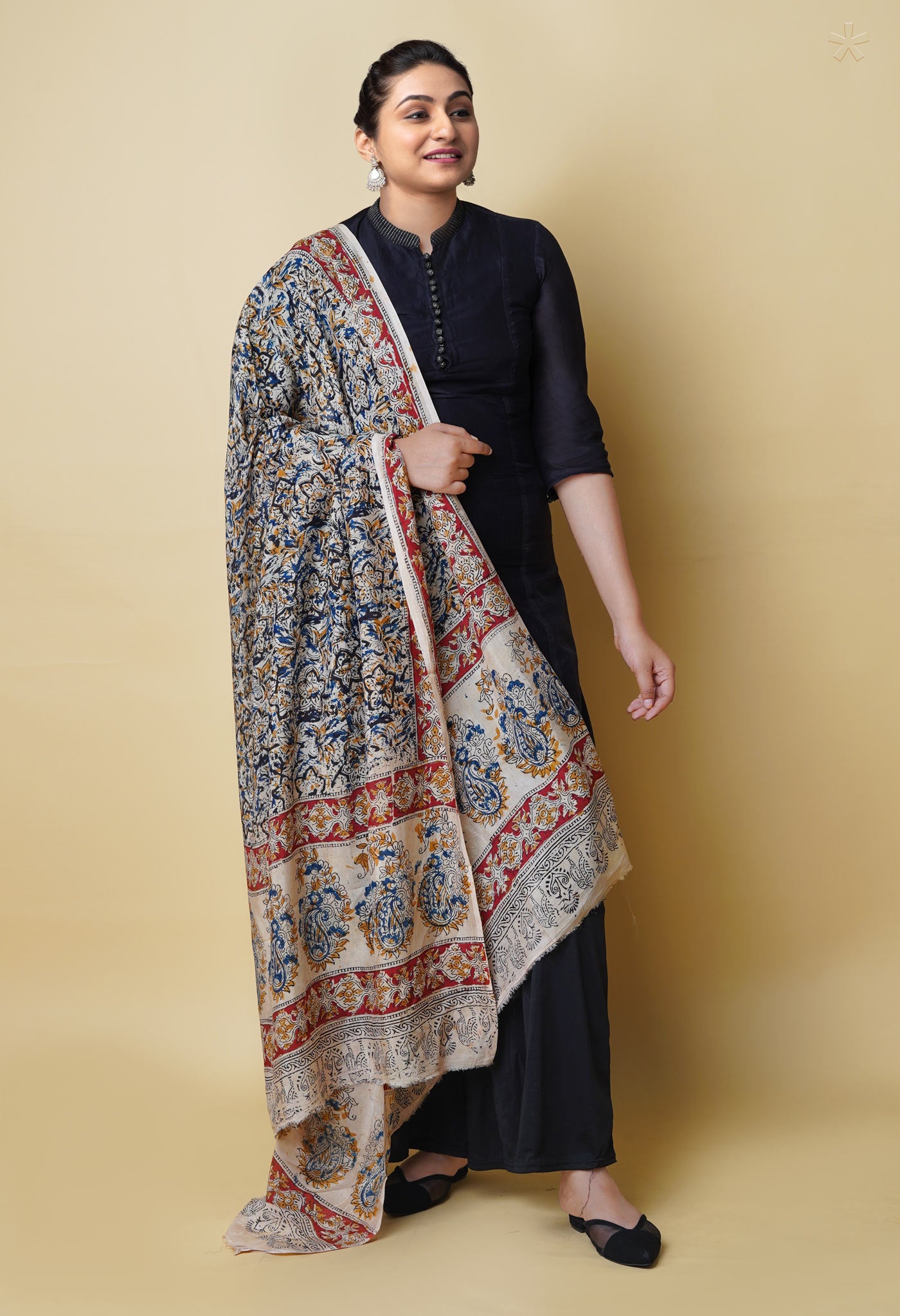 Multi Pure Chanderi Hand Block Printed Kalamkari Dupatta–UDS5212