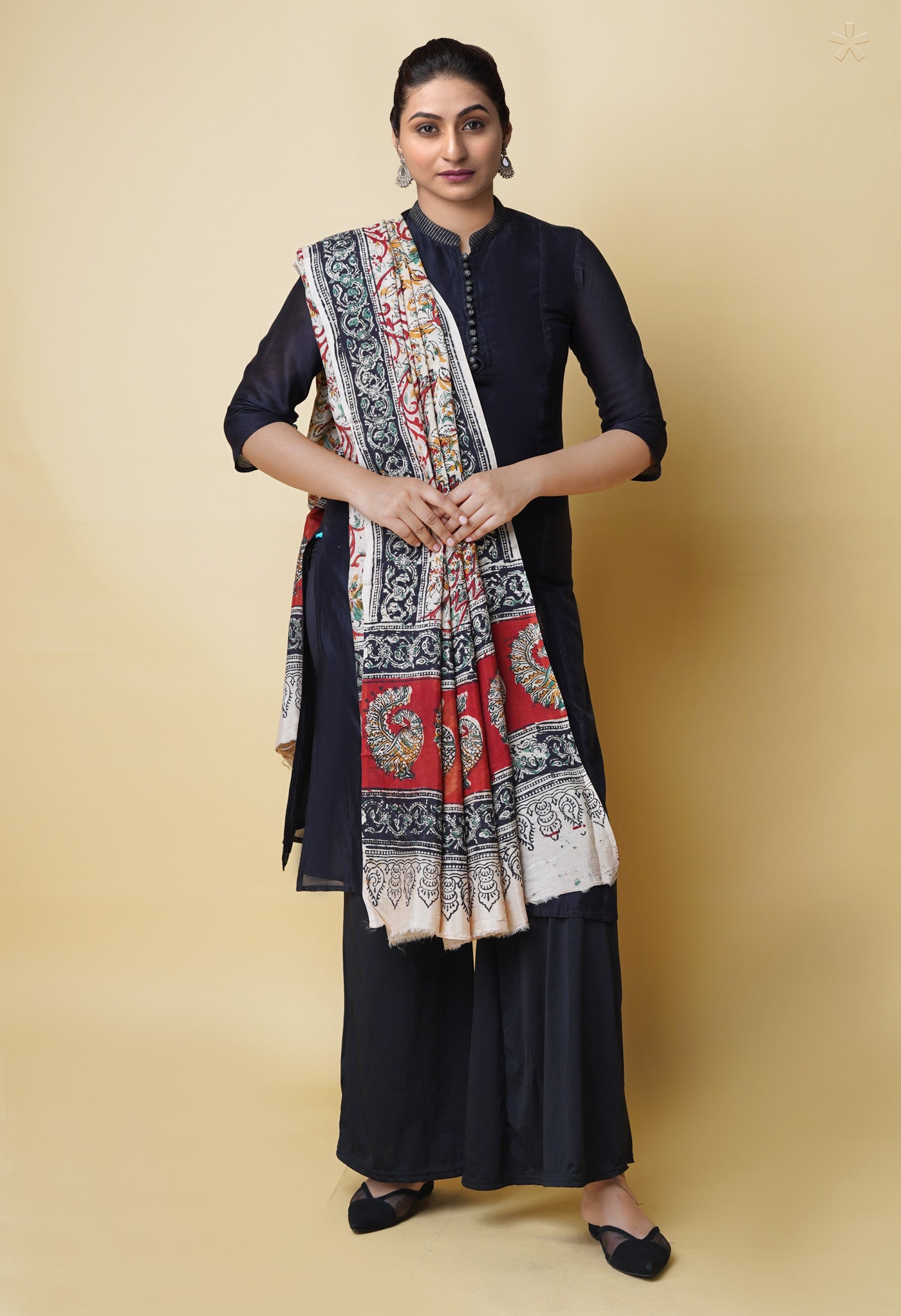 Multi Pure Chanderi Hand Block Printed Kalamkari Dupatta–UDS5215