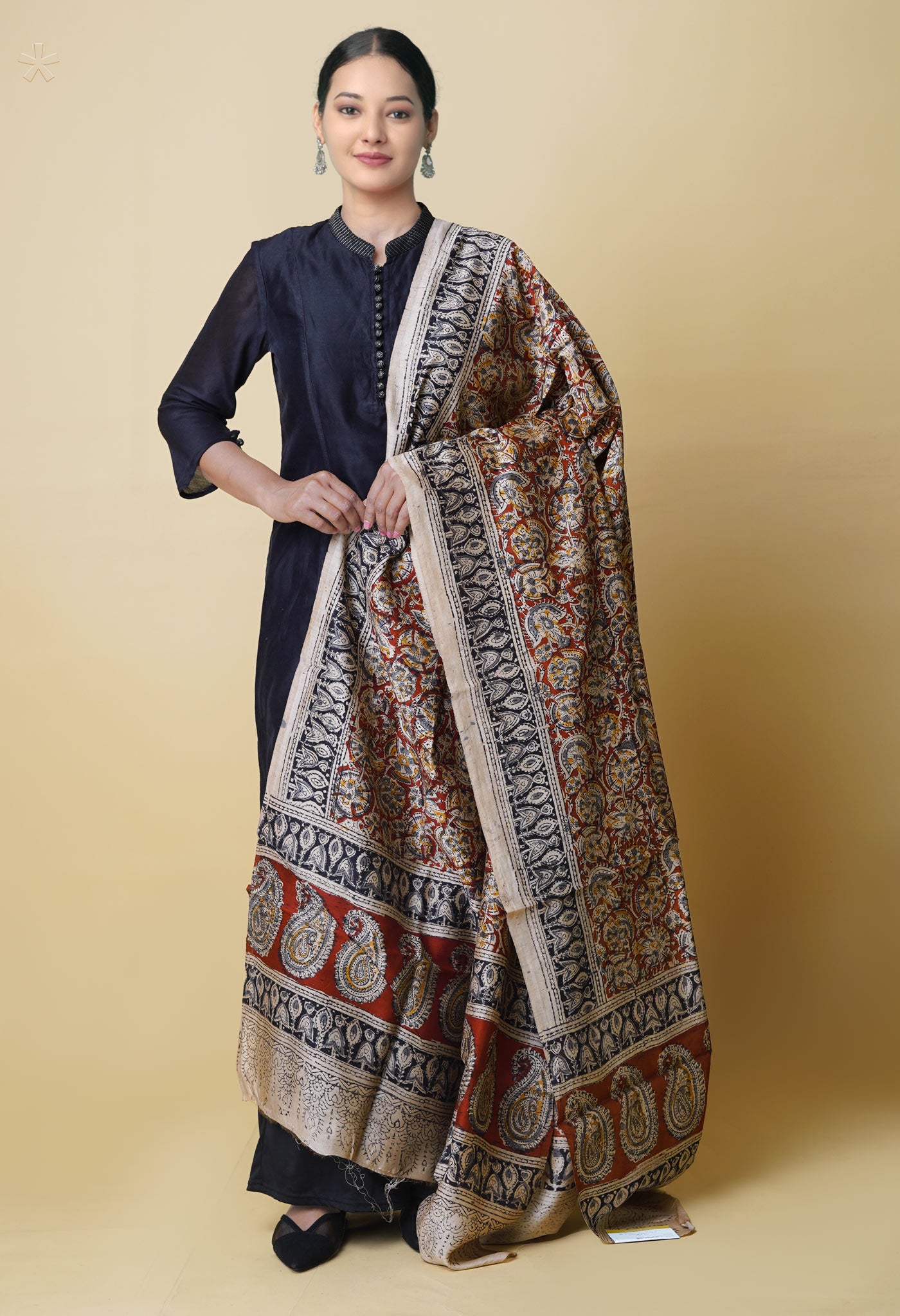 Multi Pure Hand Block Kalamkari Soft Silk Dupatta–UDS5226