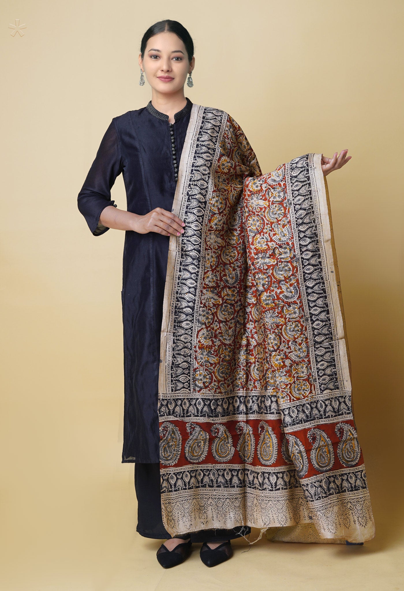 Multi Pure Hand Block Kalamkari Soft Silk Dupatta–UDS5226