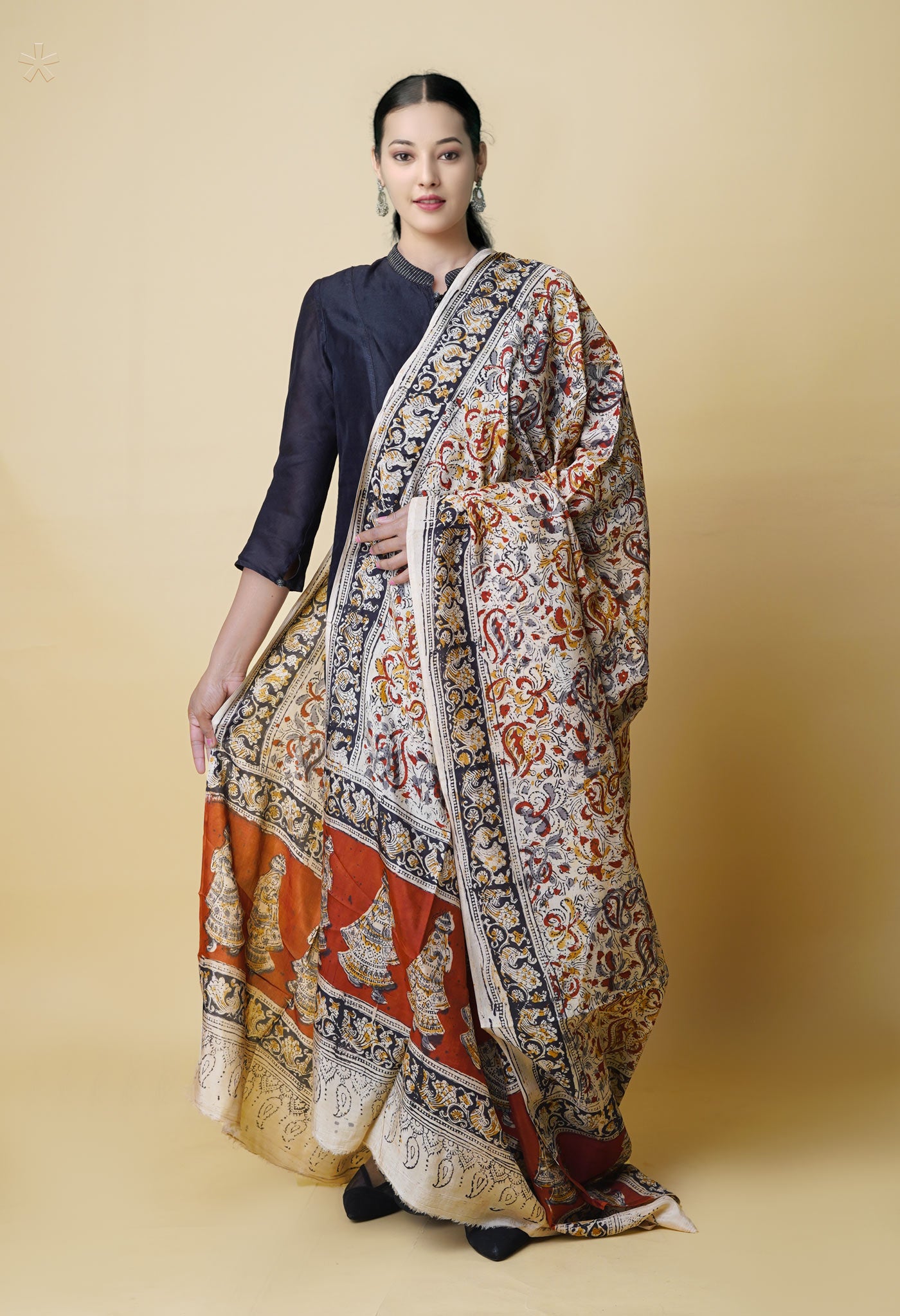 Multi Pure Hand Block Kalamkari Soft Silk Dupatta–UDS5244