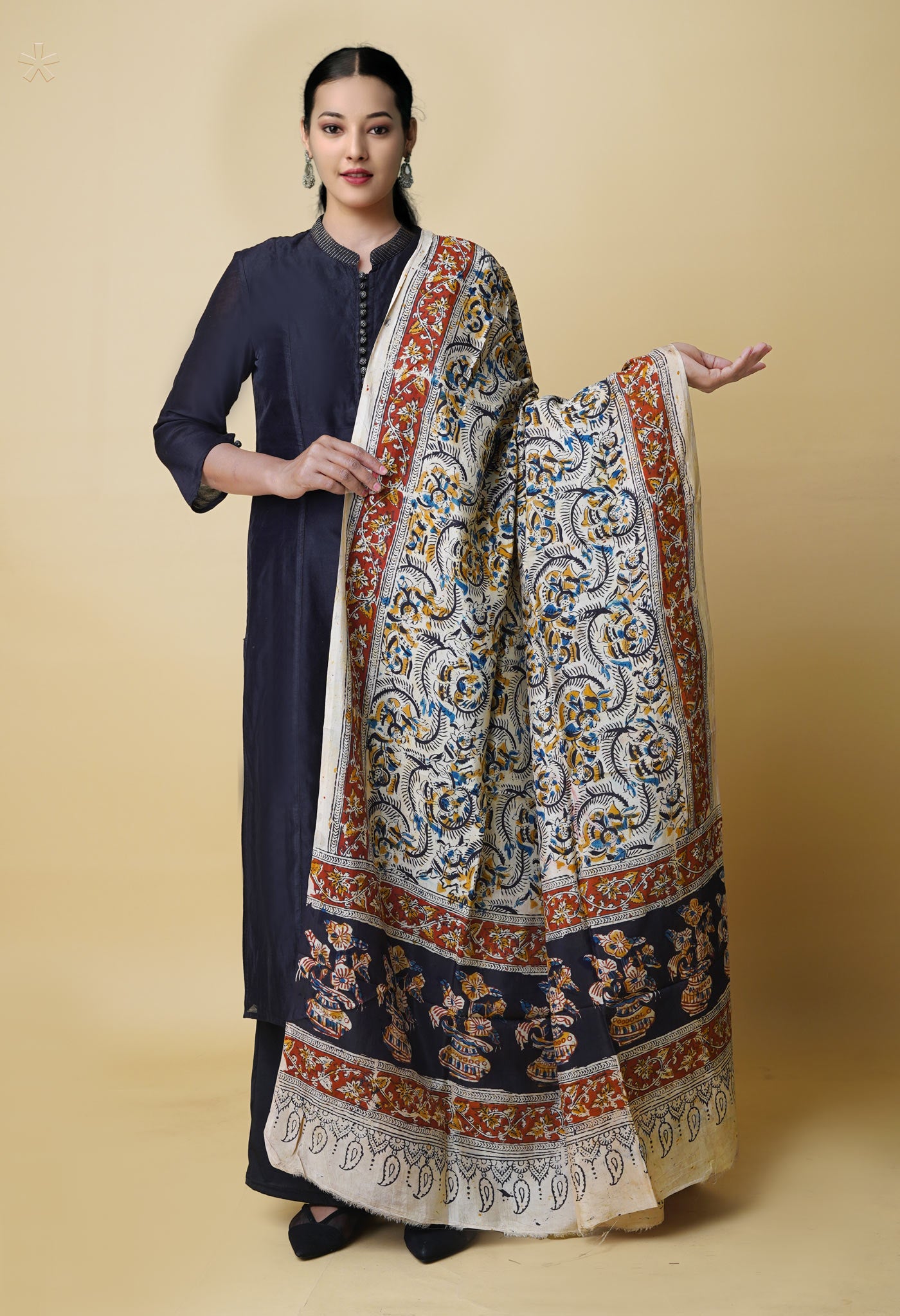 Multi Pure Hand Block Kalamkari Soft Silk Dupatta–UDS5248