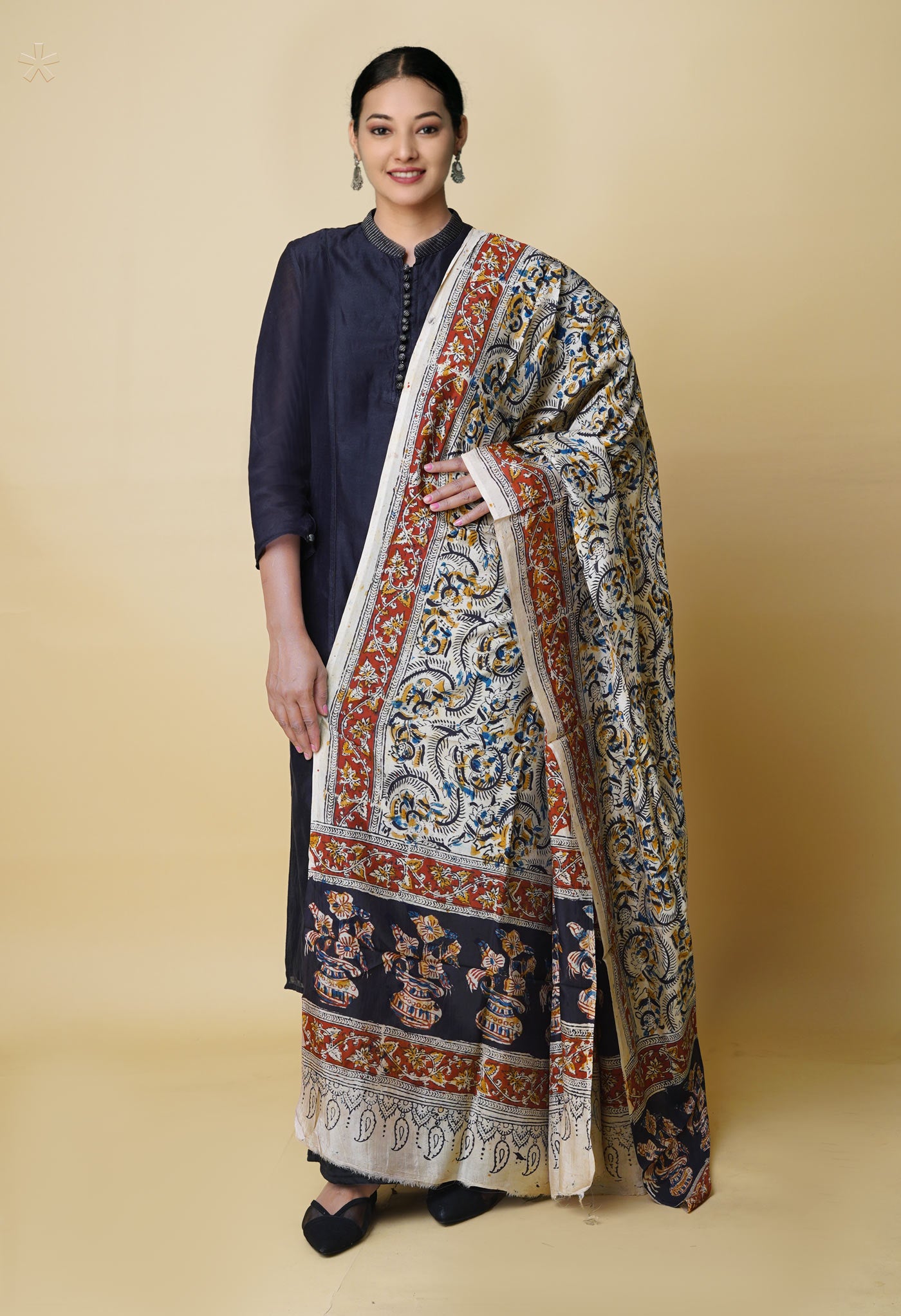 Multi Pure Hand Block Kalamkari Soft Silk Dupatta–UDS5248