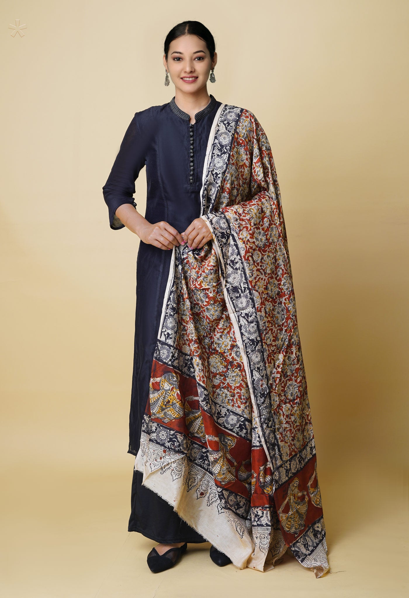 Multi Pure Hand Block Kalamkari Soft Silk Dupatta–UDS5252