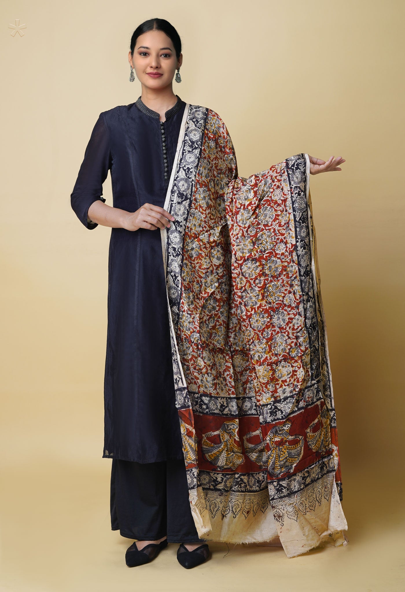 Multi Pure Hand Block Kalamkari Soft Silk Dupatta–UDS5252