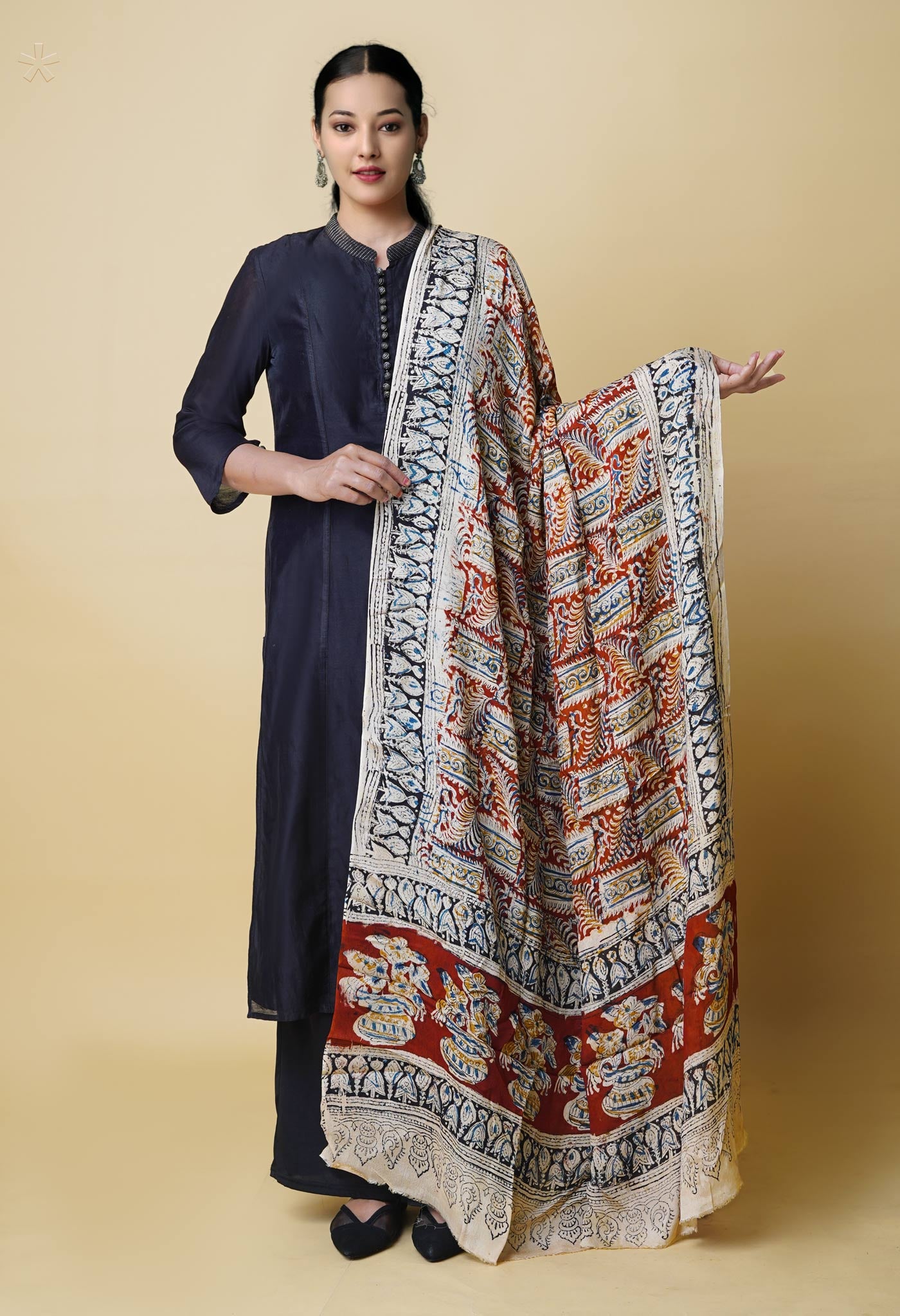 Multi pure Hand Block Kalamkari Georgette Dupatta–UDS5256