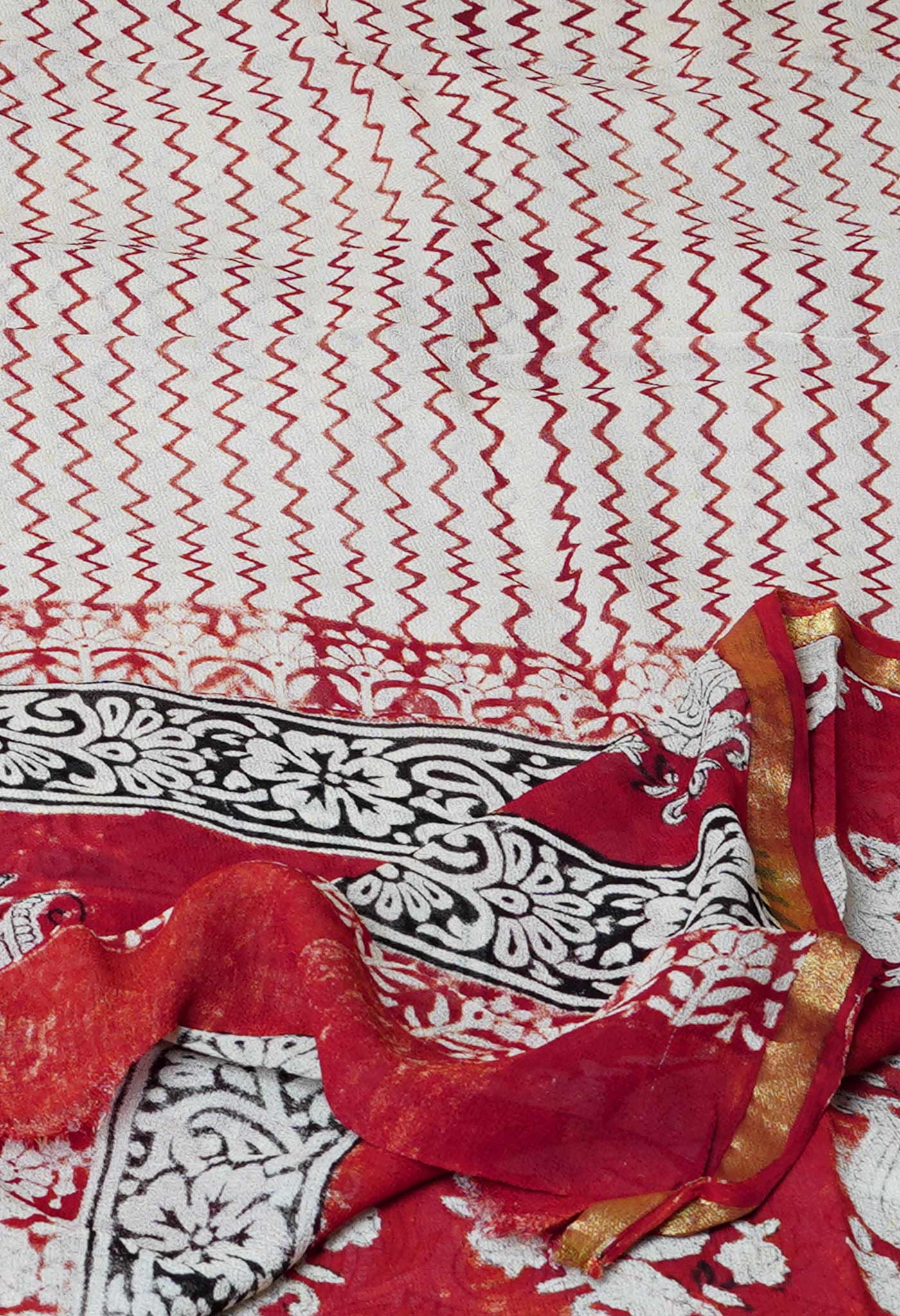 Half White Pure Batik Printed Chiffon Dupatta–UDS5283