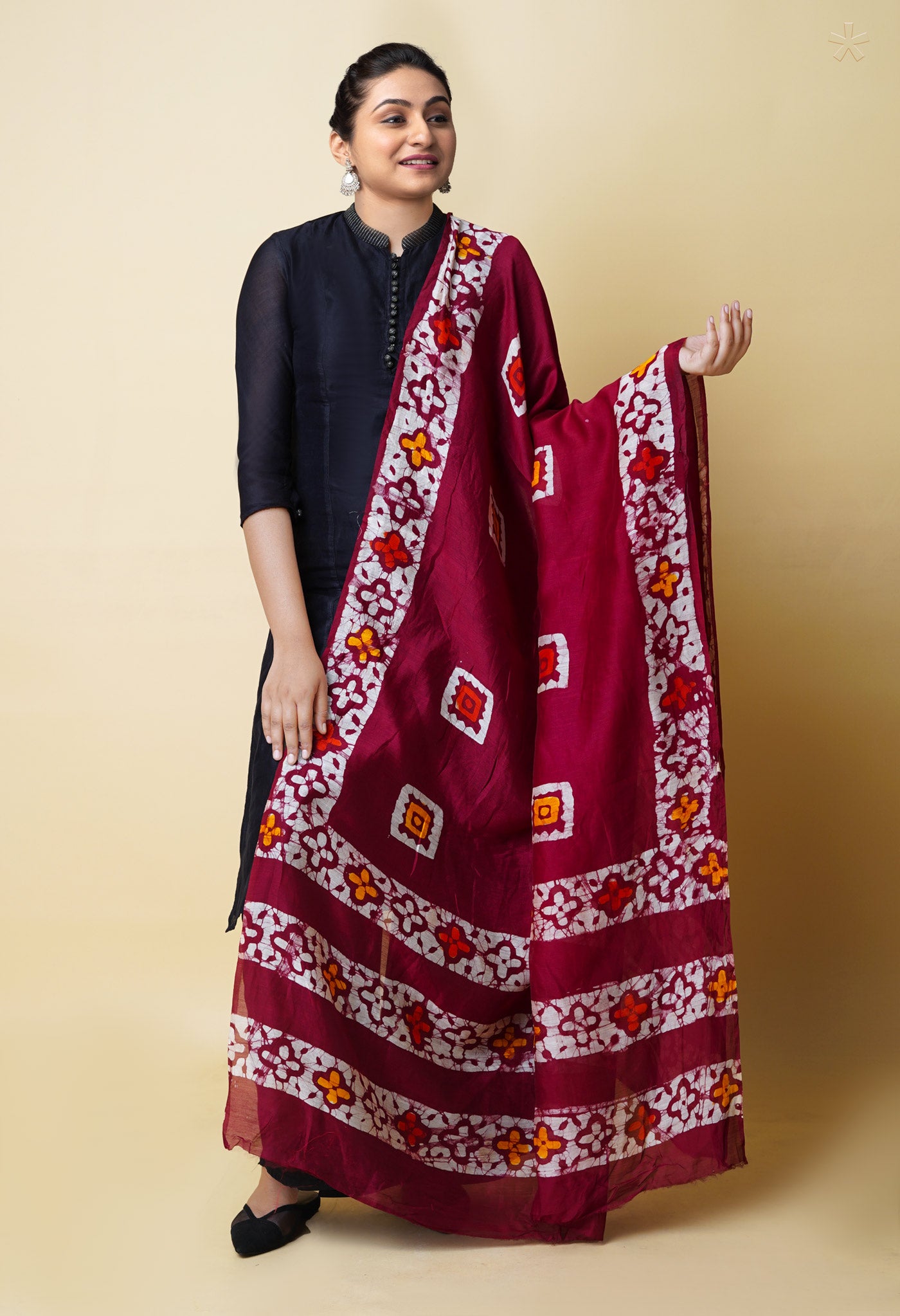 Maroon Pure Batik Printed Chanderi Sico Dupatta– UDS5288