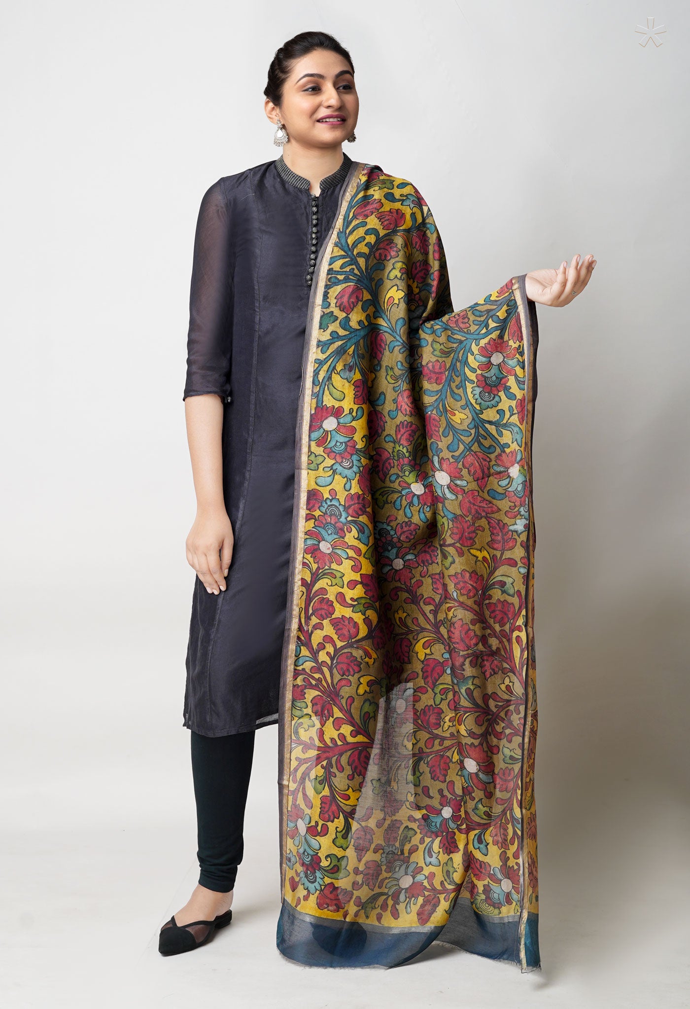 Olive Green-Yellow Pure Pen Kalamkari Hand Painted Chanderi Cotton Silk Dupatta –UDS5399