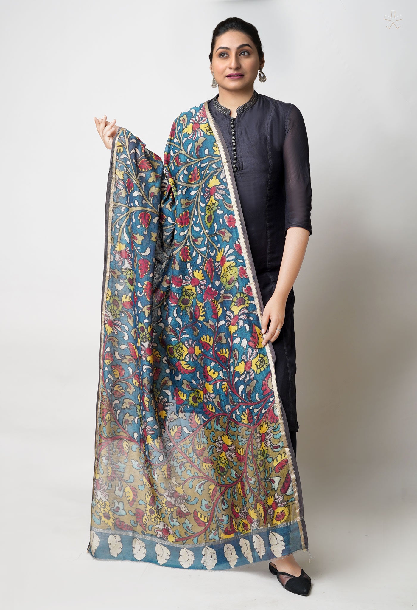 Olive Green-Peacock Blue Pure Pen Kalamkari Hand Painted Chanderi Cotton Silk Dupatta –UDS5400