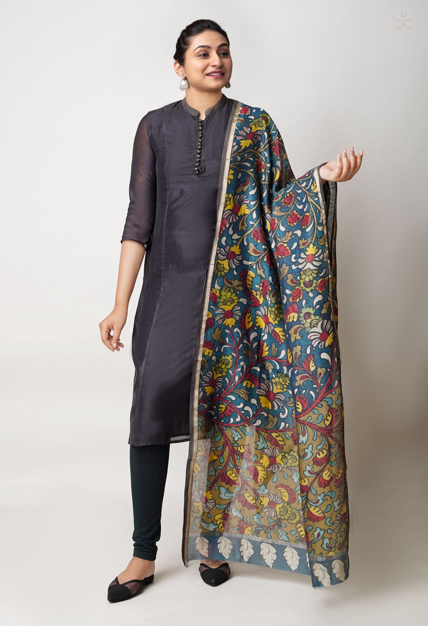 Olive Green-Peacock Blue Pure Pen Kalamkari Hand Painted Chanderi Cotton Silk Dupatta –UDS5400