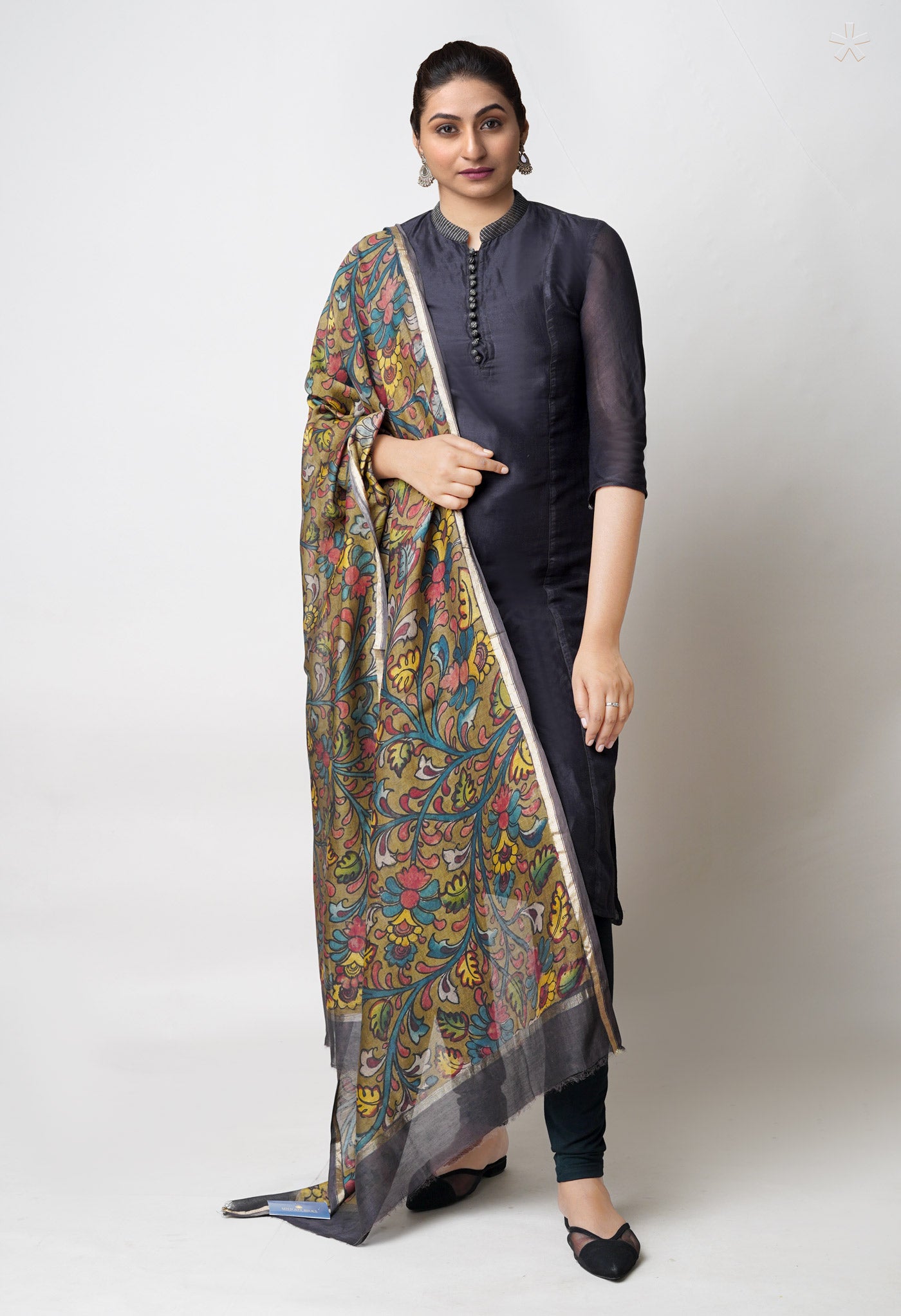 Olive Green Pure Pen Kalamkari Hand Painted Chanderi Cotton Silk Dupatta –UDS5402