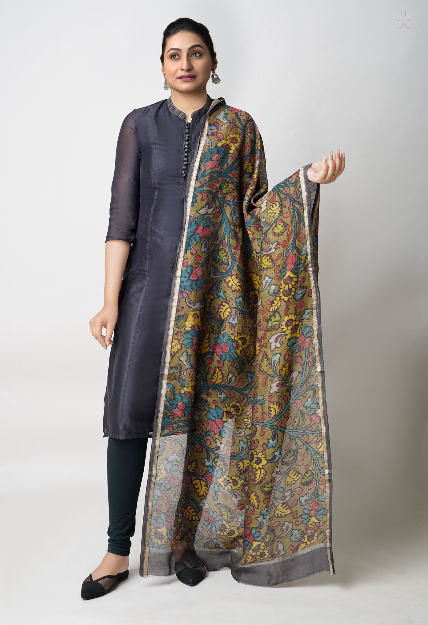 Olive Green Pure Pen Kalamkari Hand Painted Chanderi Cotton Silk Dupatta –UDS5402