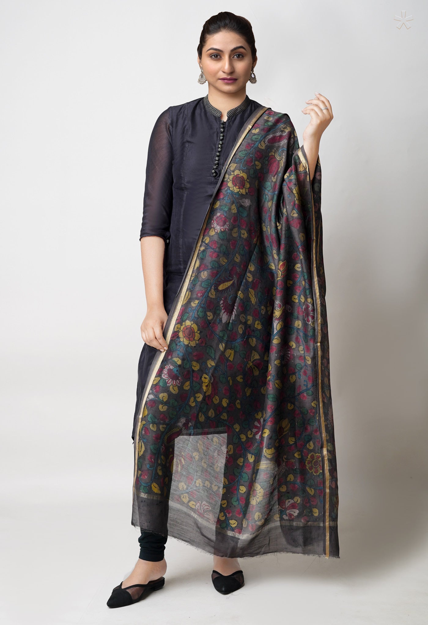 Dark Chocolate Brown Pure Pen Kalamkari Hand Painted Chanderi Cotton Silk Dupatta –UDS5410