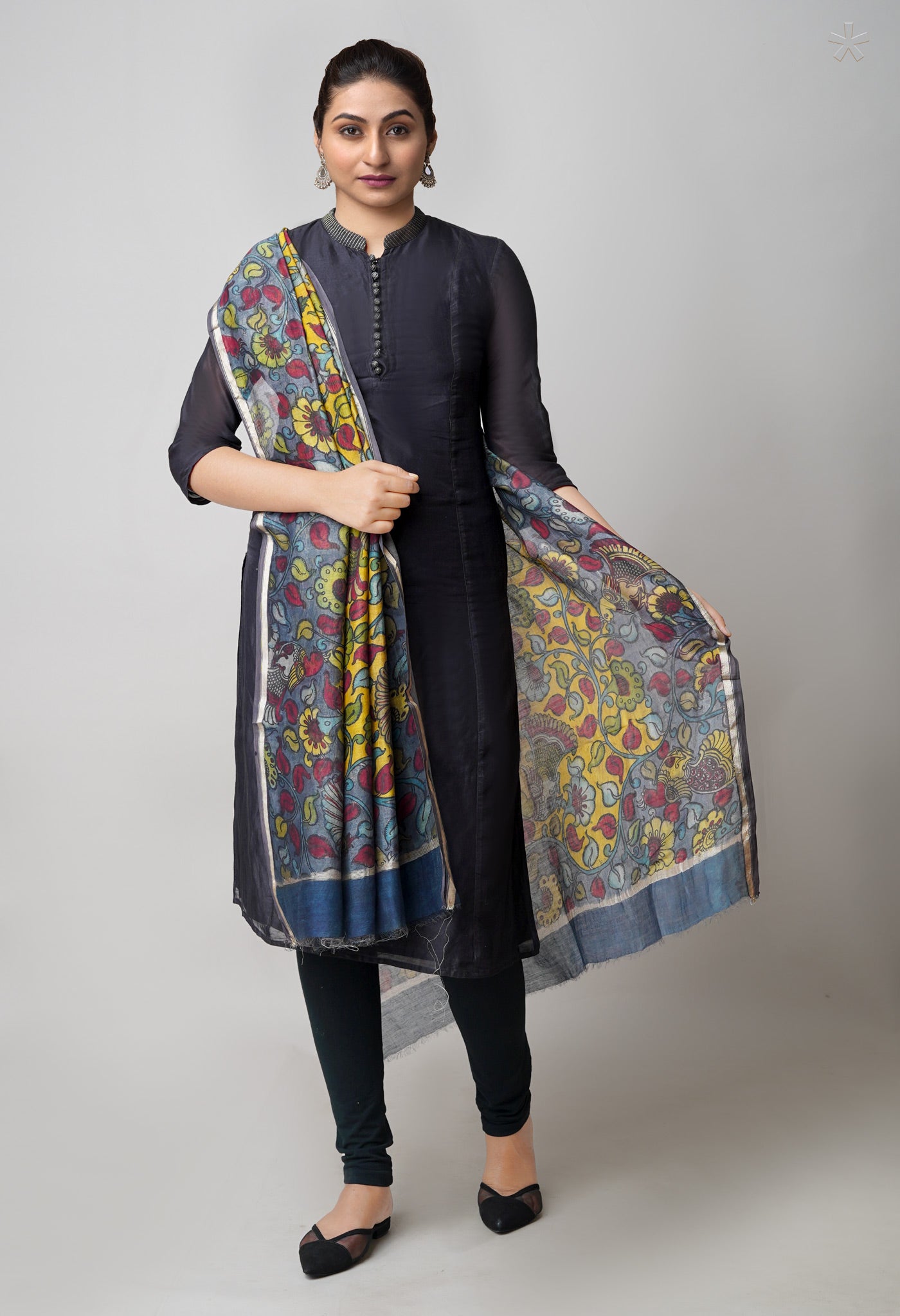 Pewter Grey Pure Pen Kalamkari Hand Painted Chanderi Cotton Silk Dupatta –UDS5413