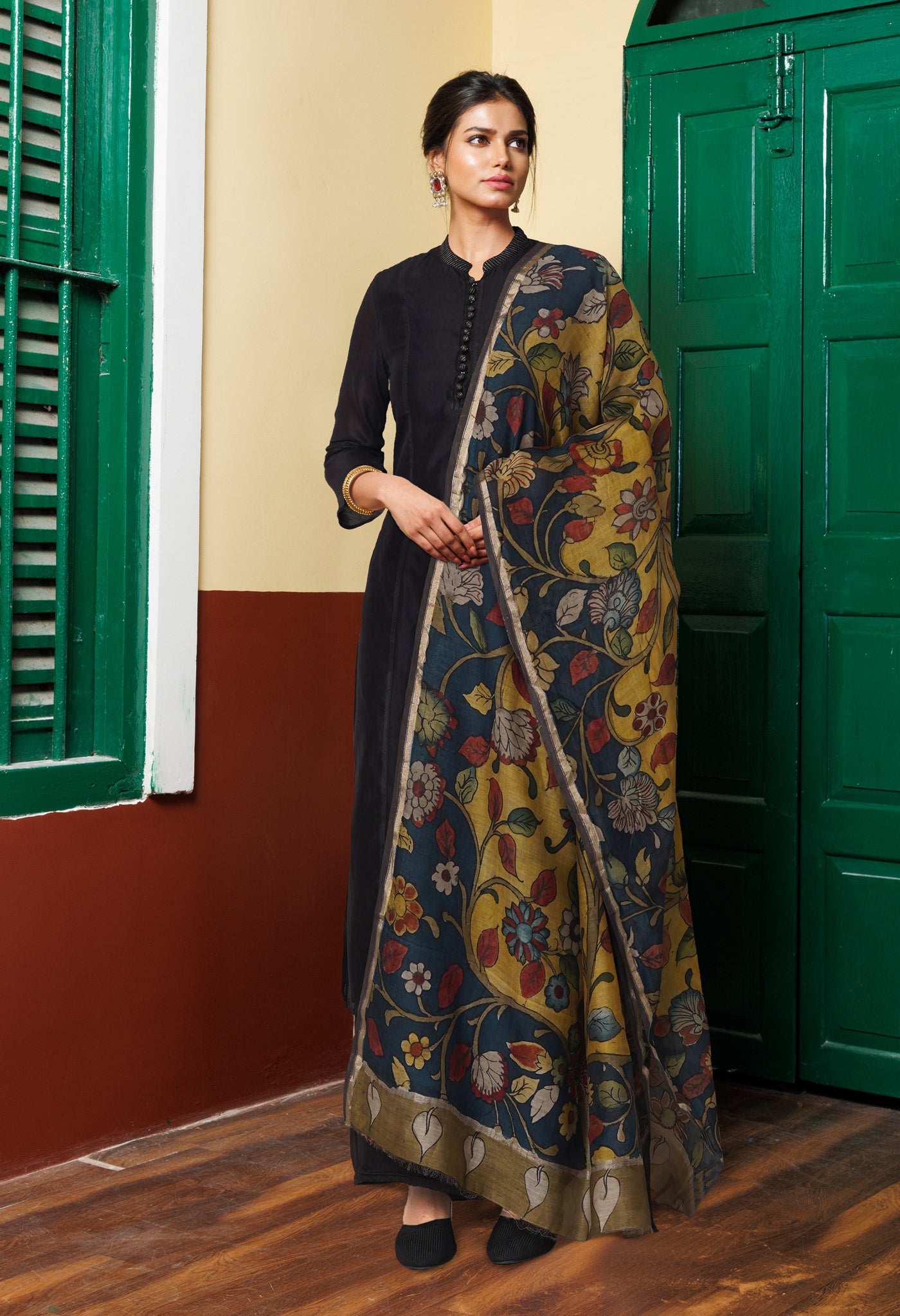 Yellow-Peacock Blue Pure Pen Kalamkari Hand Painted Chanderi Cotton Silk Dupatta –UDS5415