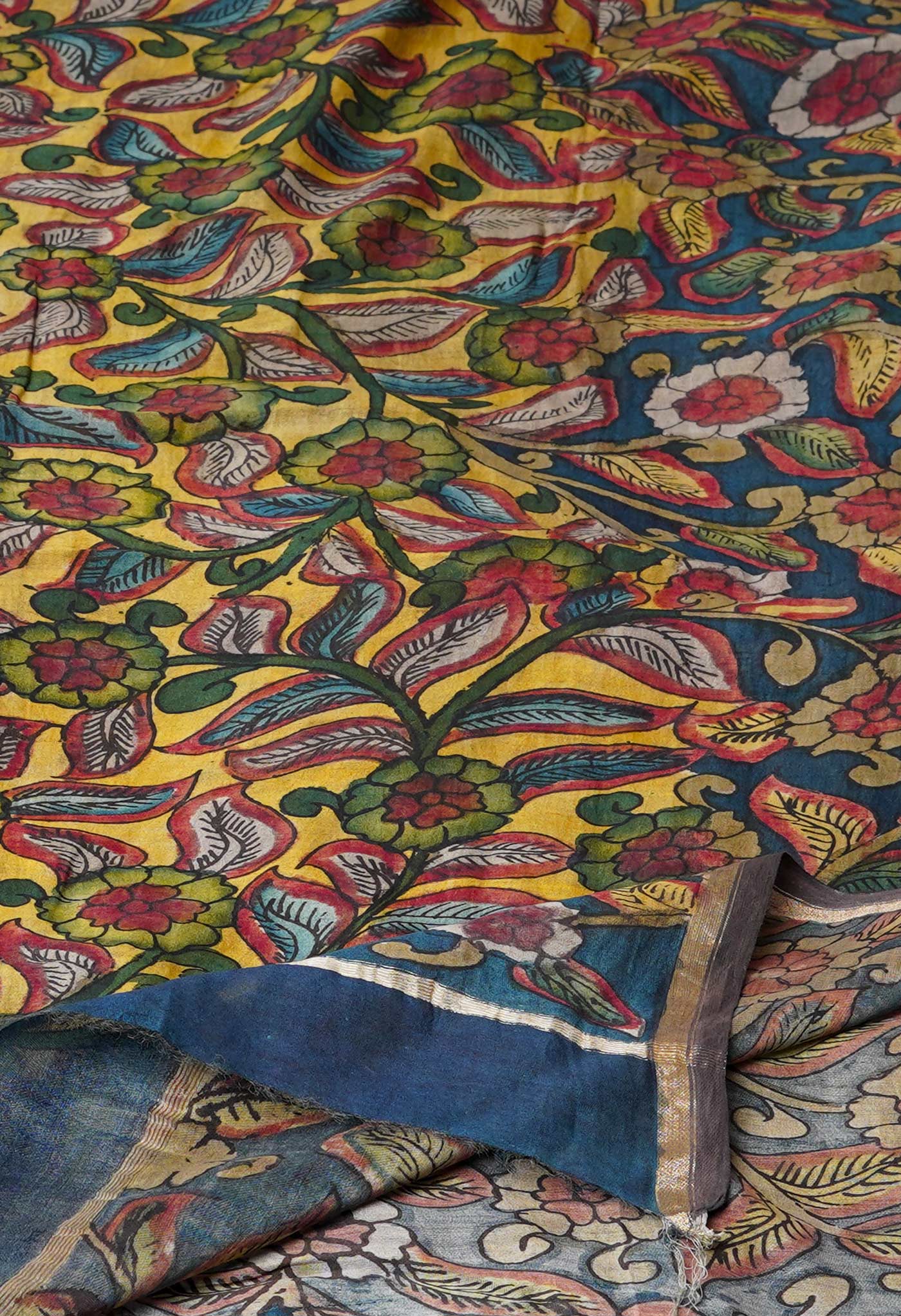 Yellow-Peacock Blue Pure Pen Kalamkari Hand Painted Chanderi Cotton Silk Dupatta –UDS5428