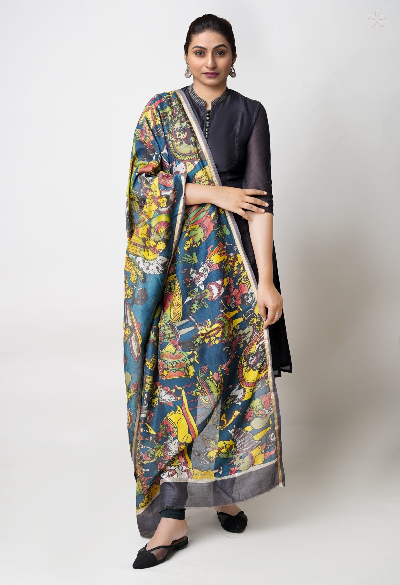 Peacock Blue Pure Pen Kalamkari Hand Painted Chanderi Cotton Silk Dupatta –UDS5429