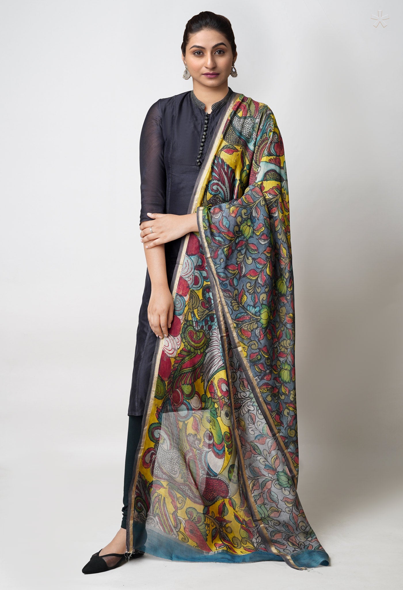 Yellow-Pewter Grey Pure Pen Kalamkari Hand Painted Chanderi Cotton Silk Dupatta –UDS5457