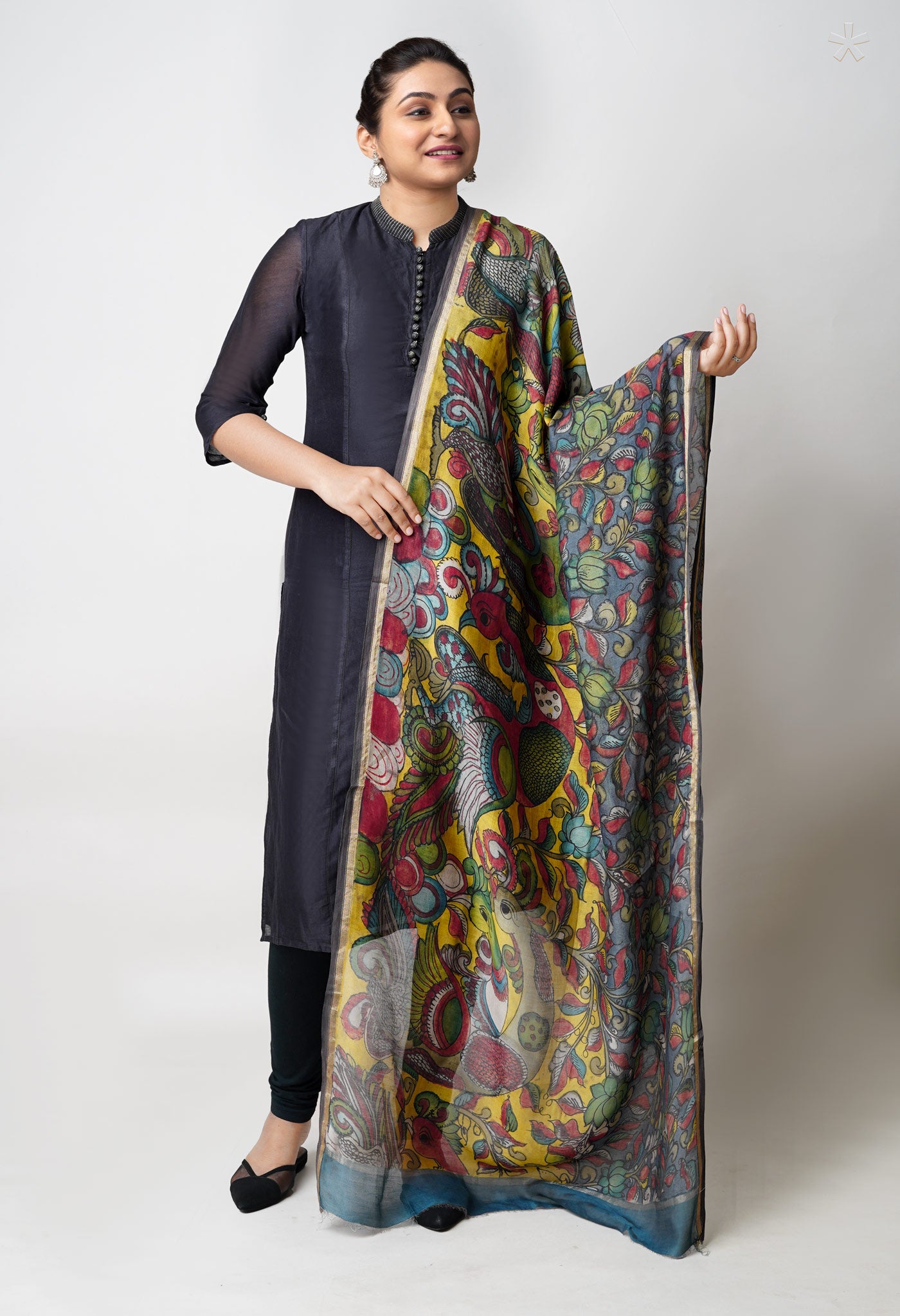 Yellow-Pewter Grey Pure Pen Kalamkari Hand Painted Chanderi Cotton Silk Dupatta –UDS5457