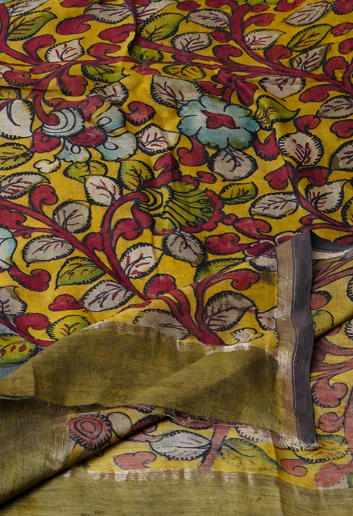 Yellow-Pewter Grey Pure Pen Kalamkari Hand Painted Chanderi Cotton Silk Dupatta –UDS5490