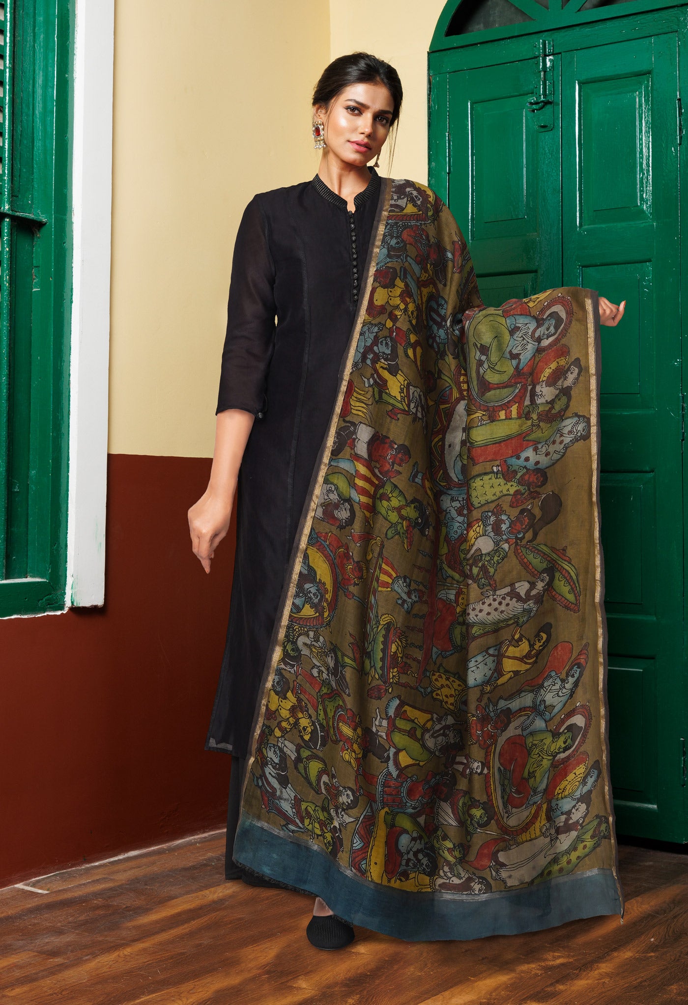 Olive Green Pure Pen Kalamkari Hand Painted Chanderi Cotton Silk Dupatta –UDS5497