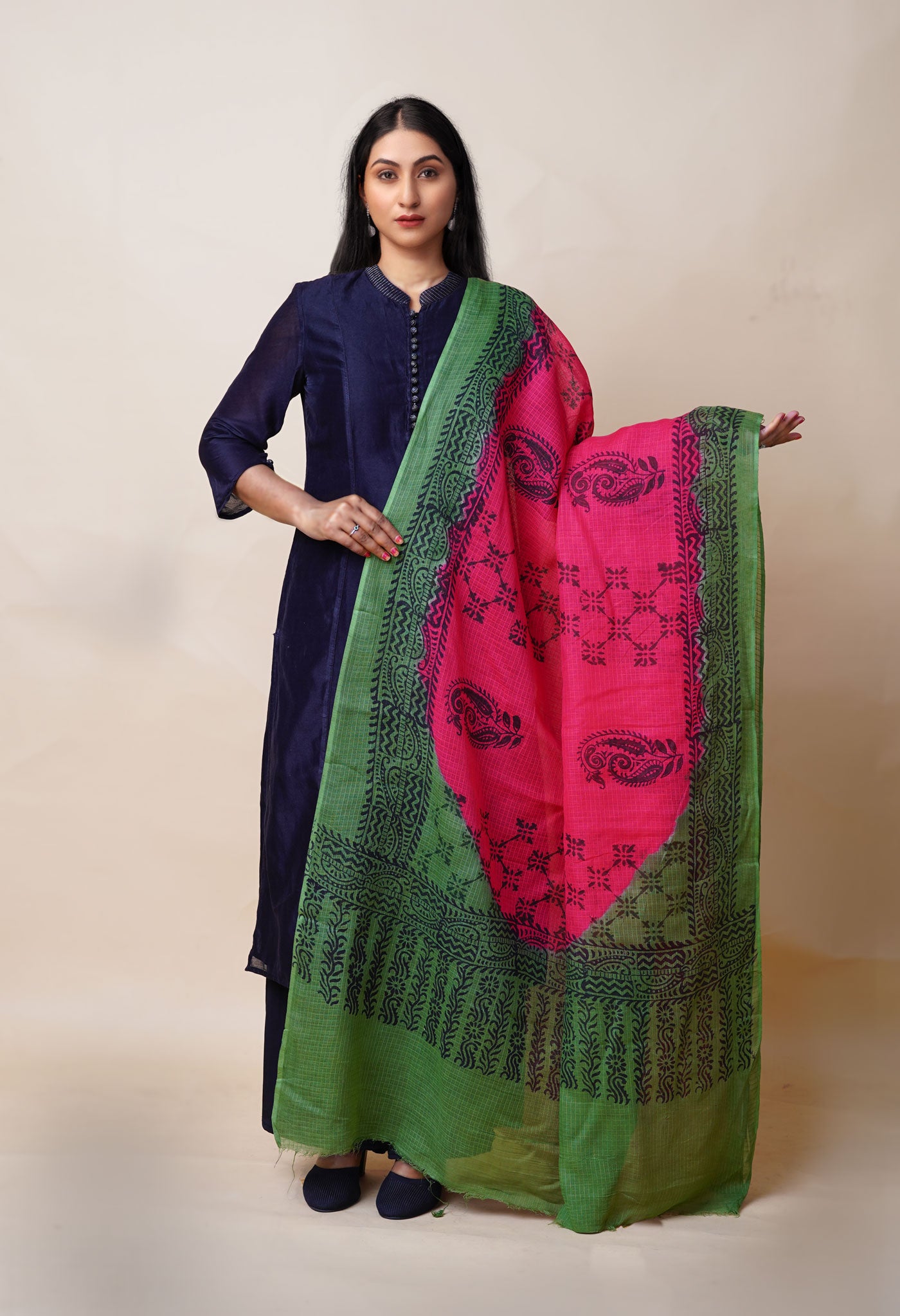 Red-Green Pure Block Printed Kota Dupatta