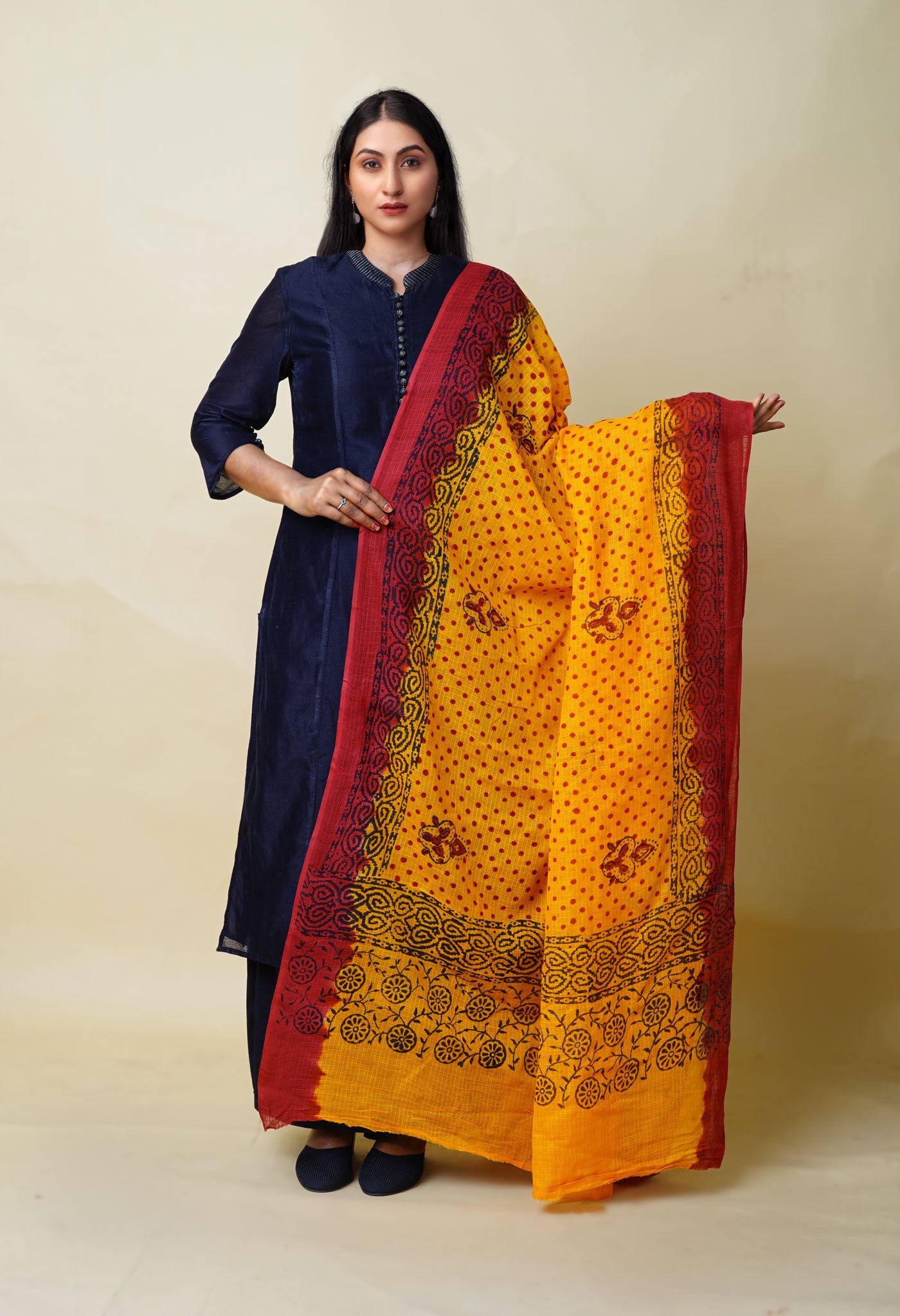 Yellow-Red Pure Block Printed Kota Dupatta