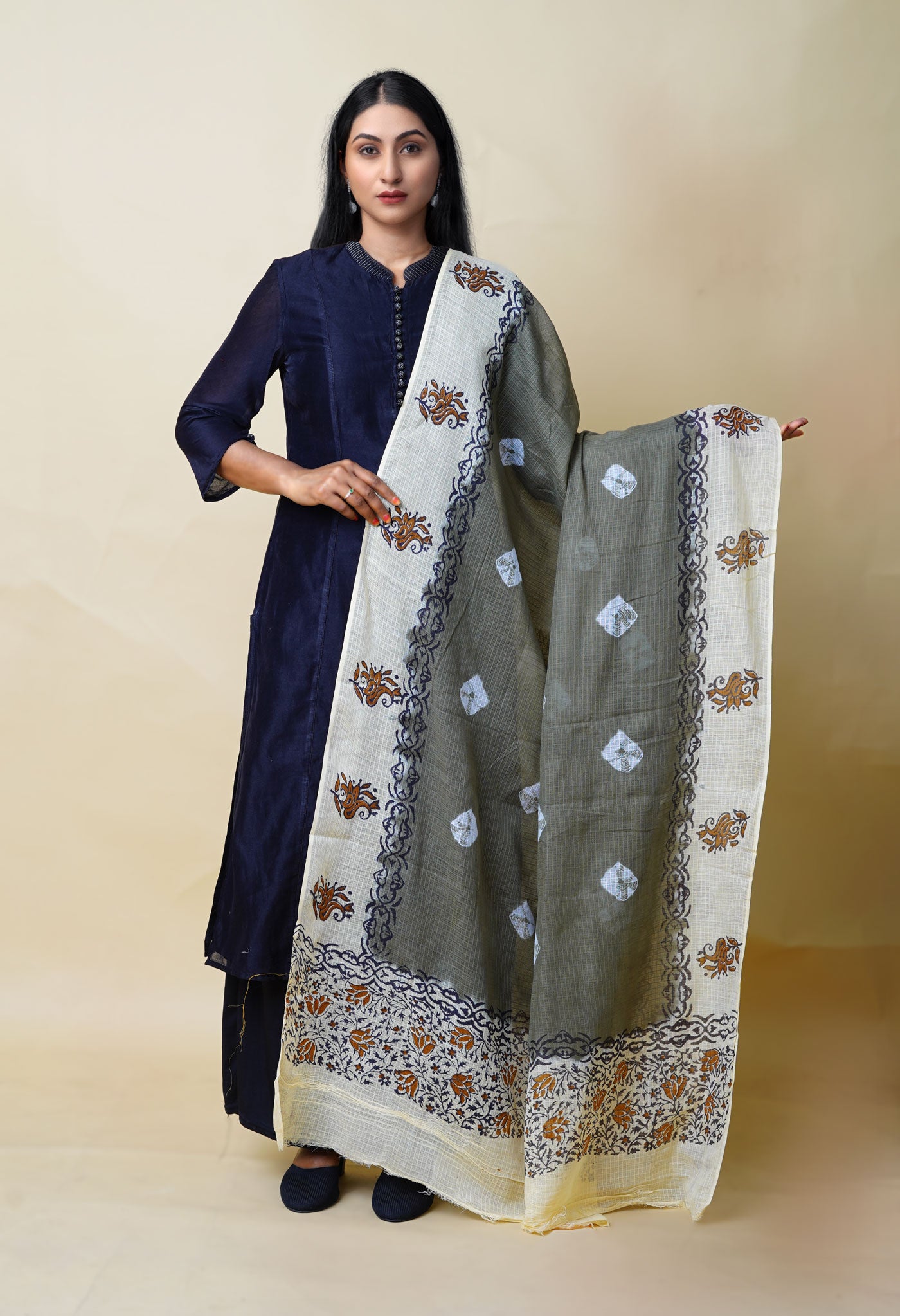 Green-Cream Pure Bandhani Block Printed Kota Dupatta