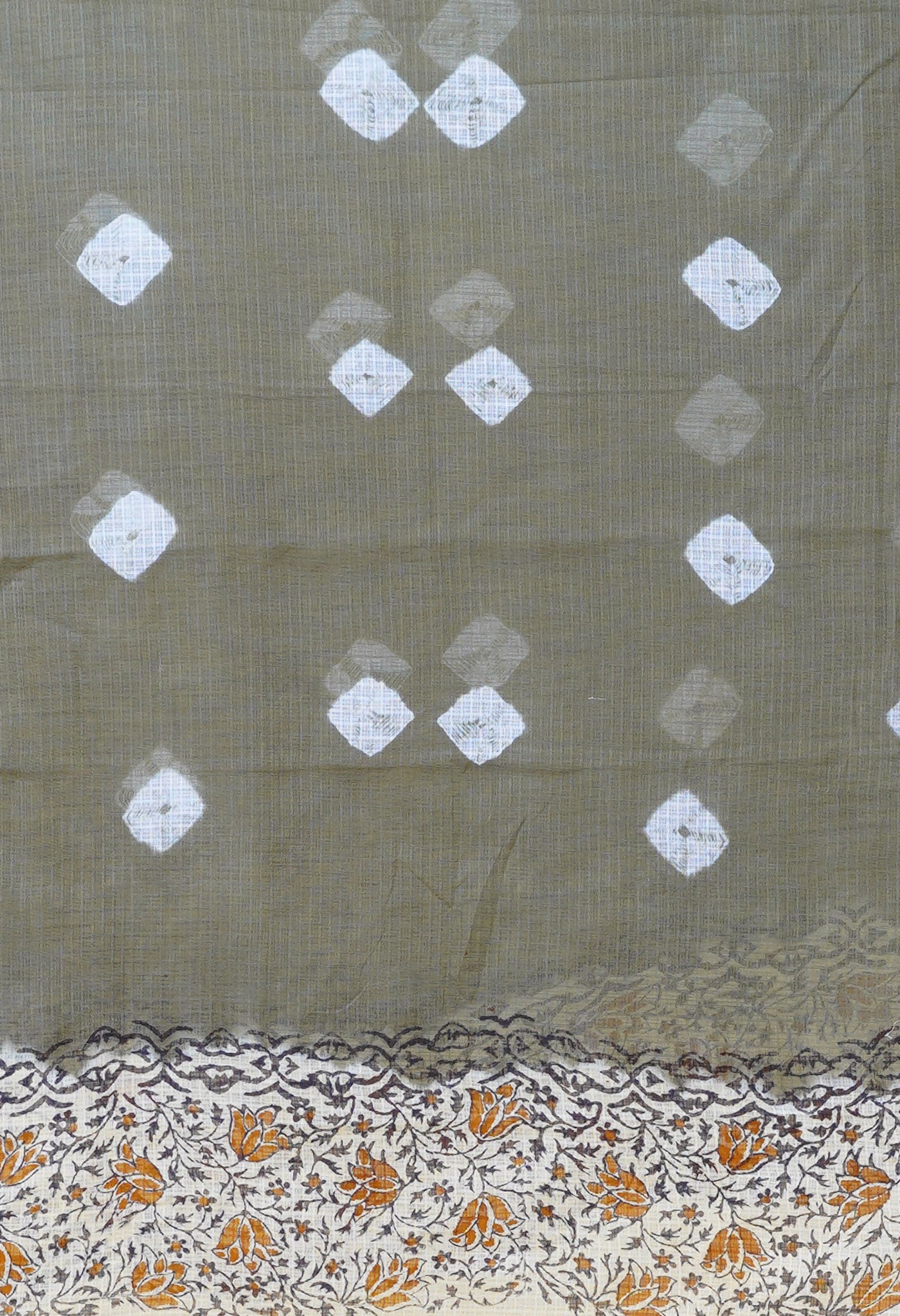 Green-Cream Pure Bandhani Block Printed Kota Dupatta