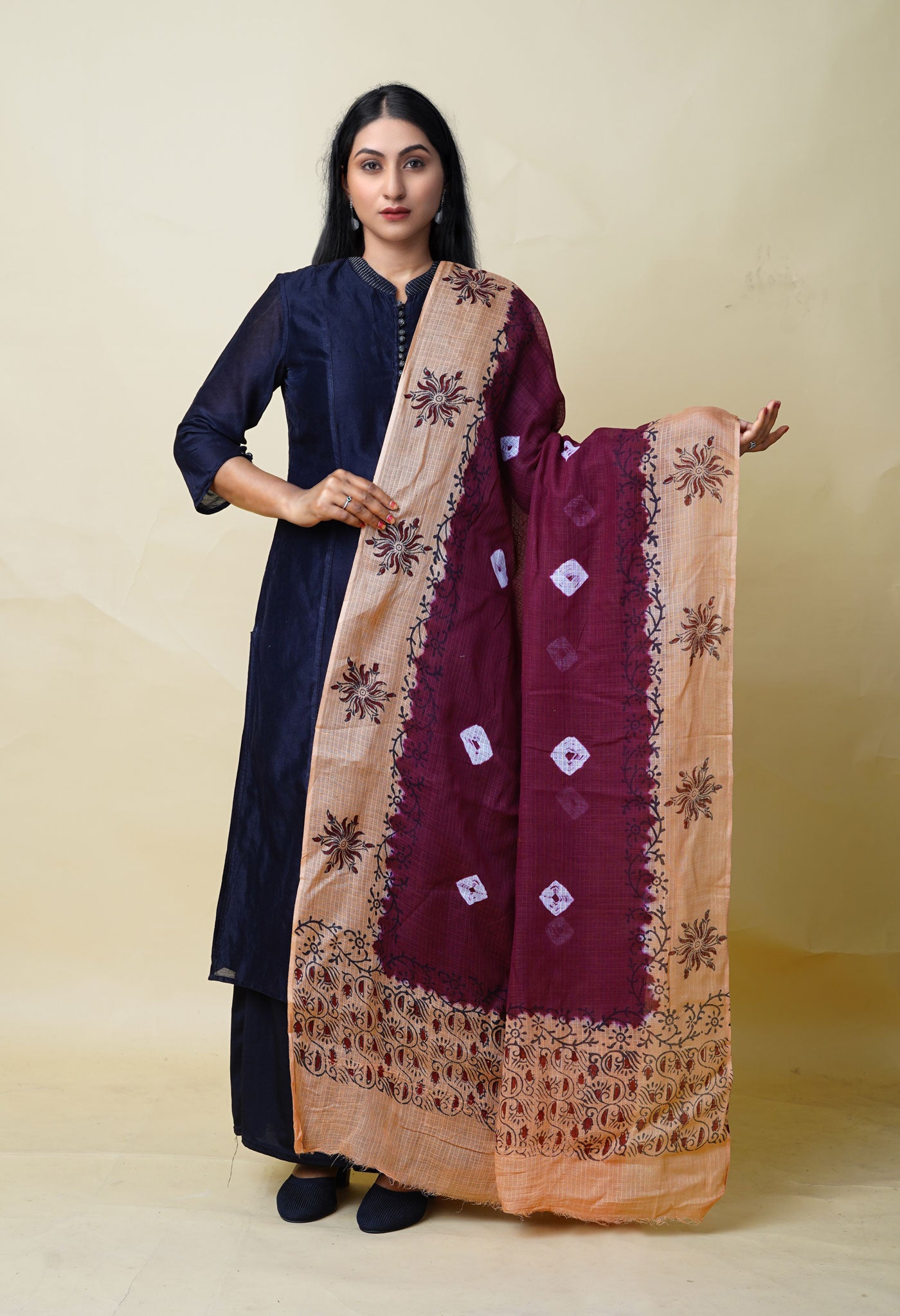 Dark Purple-Brown Pure Bandhani Block Printed Kota Dupatta-UDS5870