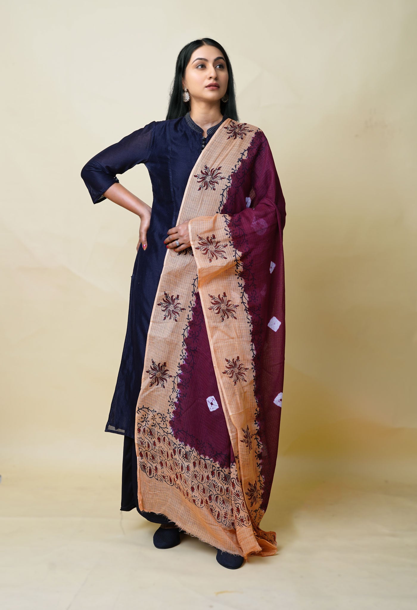 Dark Purple-Brown Pure Bandhani Block Printed Kota Dupatta-UDS5870