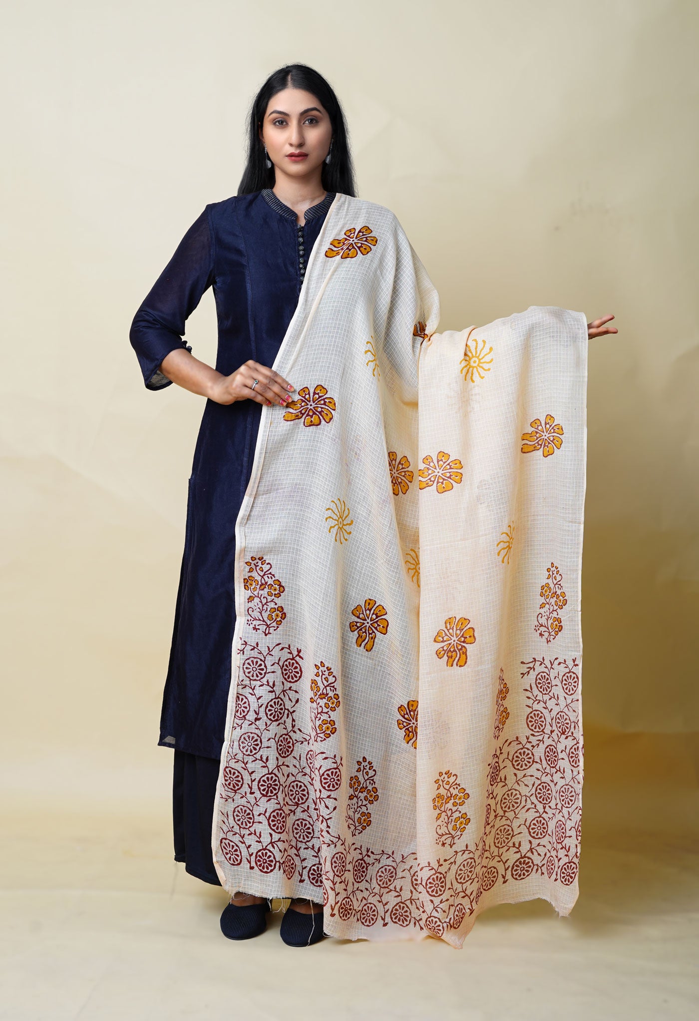 Cream Pure Block Printed Kota Dupatta-UDS5871