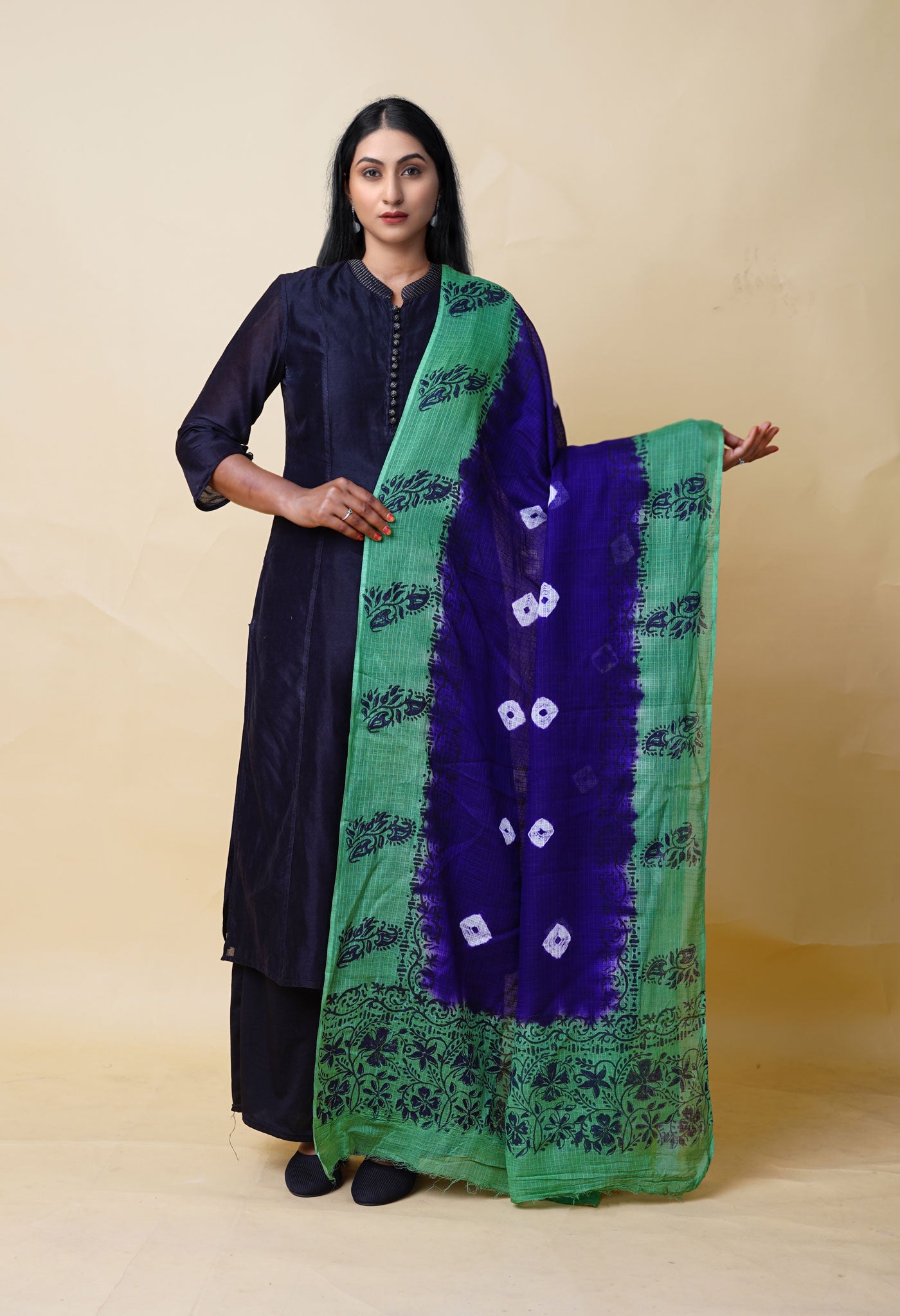 Dark Blue-Green Pure Bandhani Block Printed Kota Dupatta