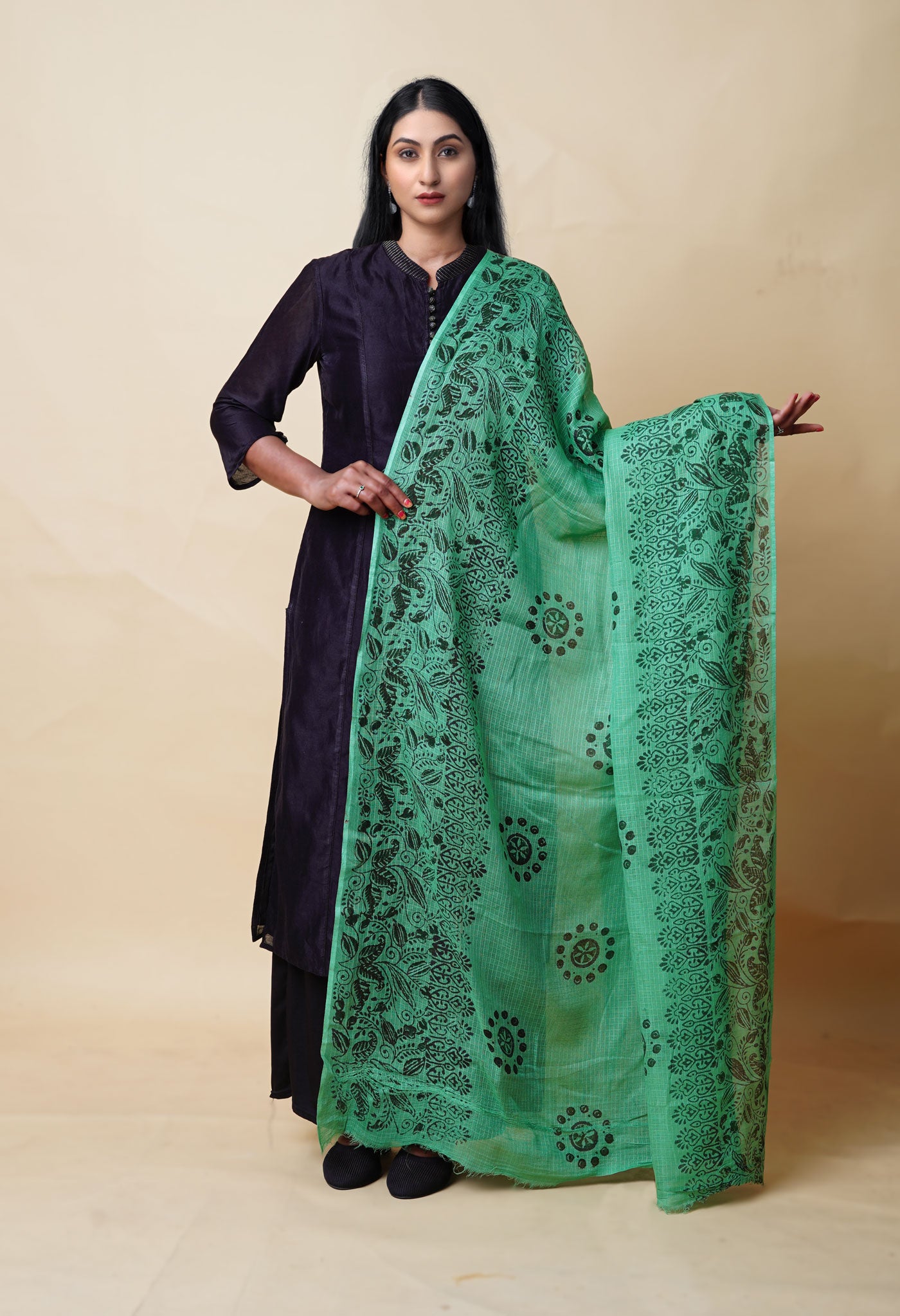 Green Pure Block Printed Kota Dupatta