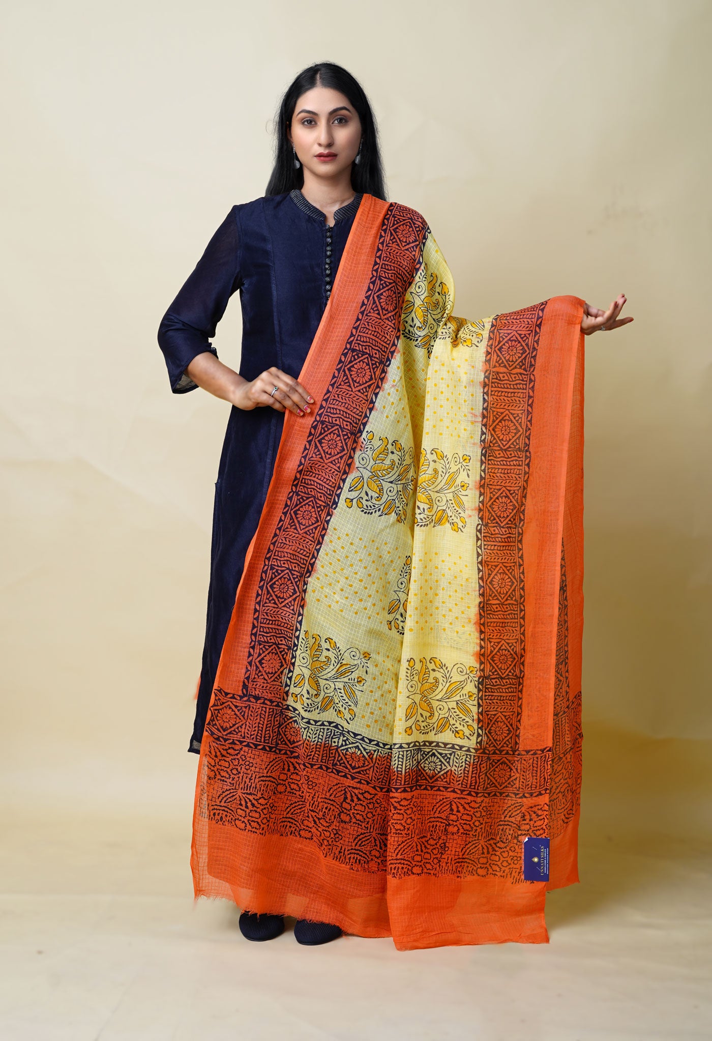 Yellow-Orange Pure Block Printed Kota Dupatta