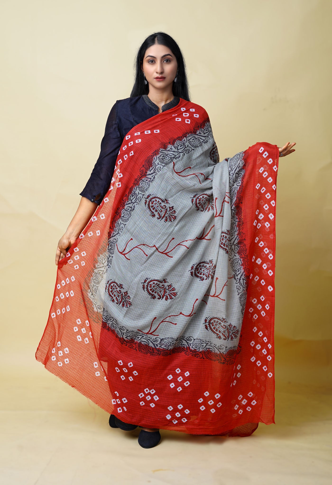 Grey-Red Pure Bandhani Block Printed Kota Dupatta