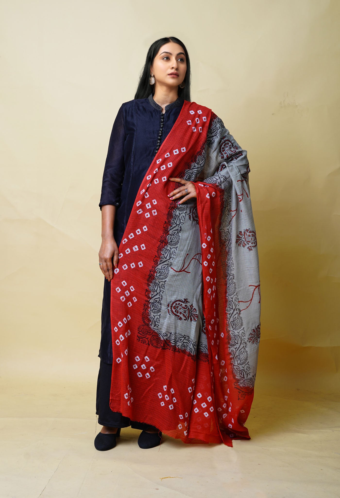 Grey-Red Pure Bandhani Block Printed Kota Dupatta